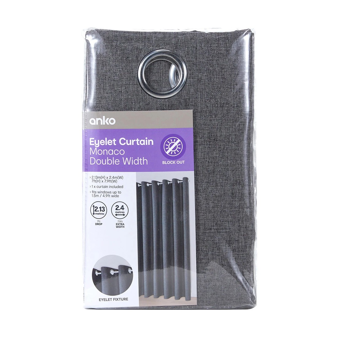8 Monaco Double Width Eyelet Block Out Curtain - Pepper - 240cm x 213cm, 8 of 8