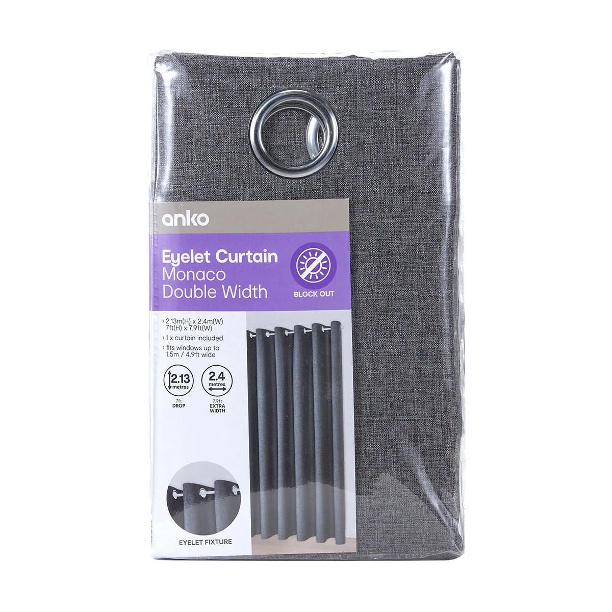 8 Monaco Double Width Eyelet Block Out Curtain - Pepper - 240cm x 213cm, 8 of 8
