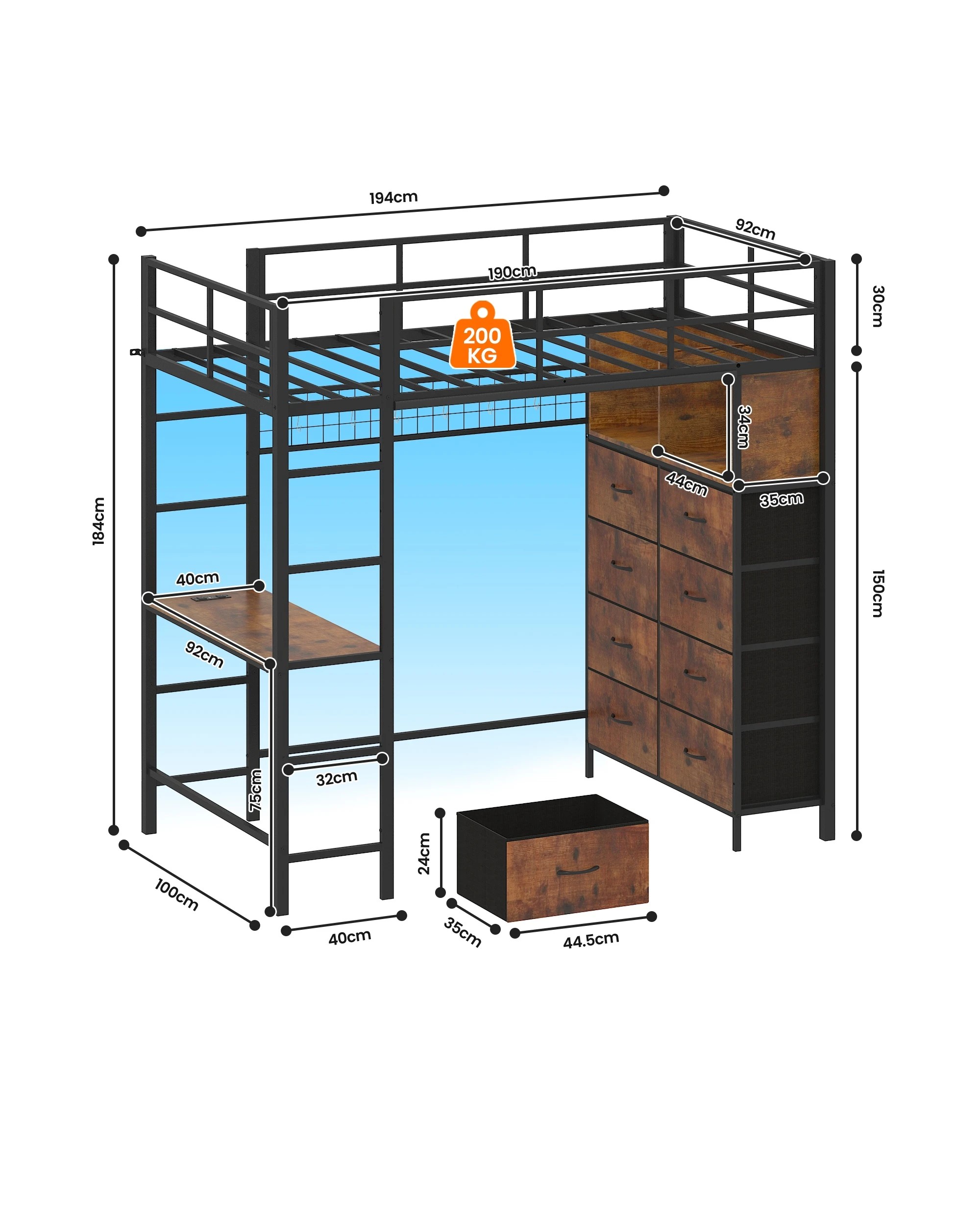 3 Ufurniture Single Loft Bunk Bed with LED Power Outlet Desk Storage Dual Ladder - Brown, 3 of 9