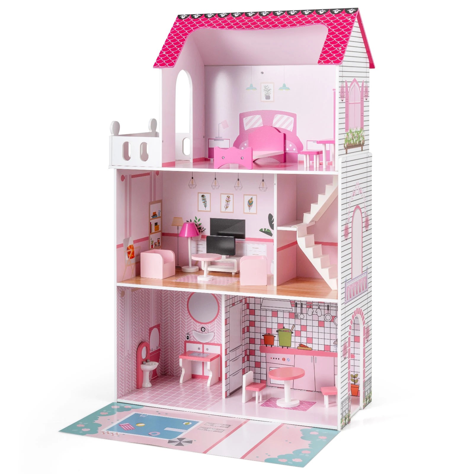 1 Costway 3-story Pretend Play Dollhouse Wooden Doll House - Pink, 1 of 3