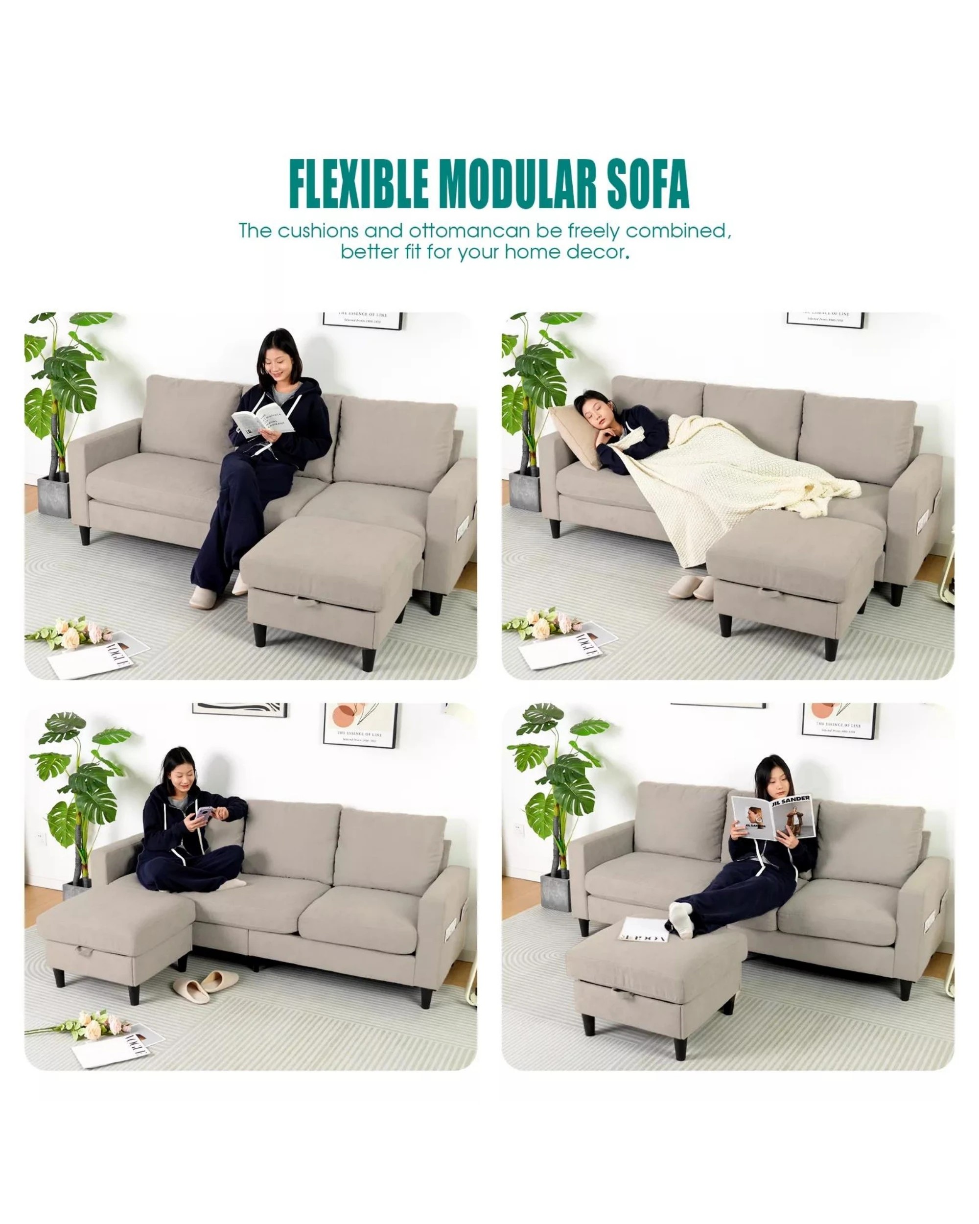 9 Advwin 3 Seater Sofa Modular Lounge Chaise Set With Storage Ottoman Beige, 9 of 10