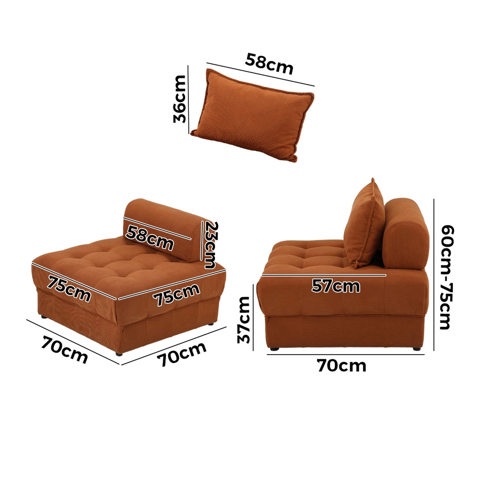 10 Oikiture 1 Seater Velvet Modular Sofa Lounge Chair Armless Tofu Back
 - Brown - Brown, 10 of 10
