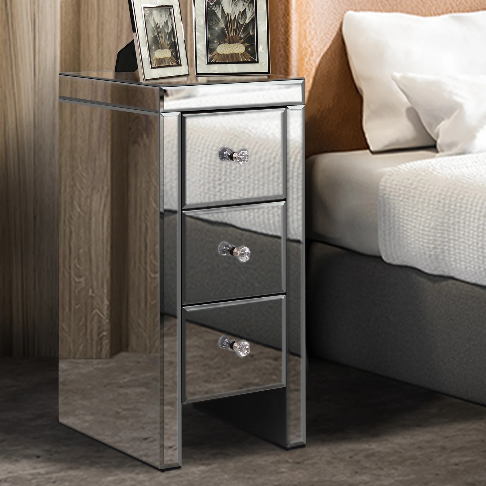 3 Alfordson Bedside Table Mirrored Cabinet Nightstand Side End Table Drawers - Silver, 3 of 10