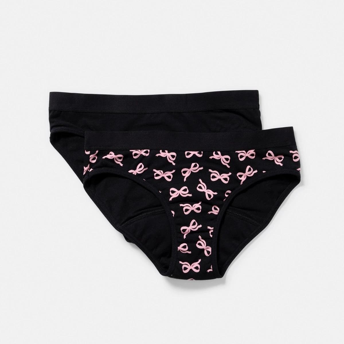1 2 Pack Girls Period Briefs BLACK BOWS, 1 of 4