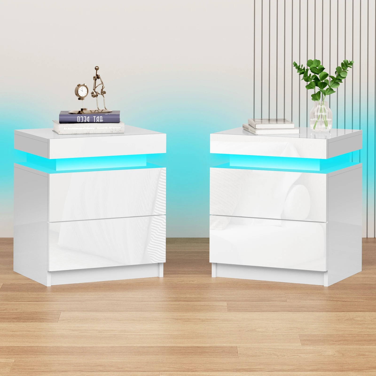 2 Alfordson 2x Bedside Table LED Nightstand 2 Drawers High Gloss - White, 2 of 10