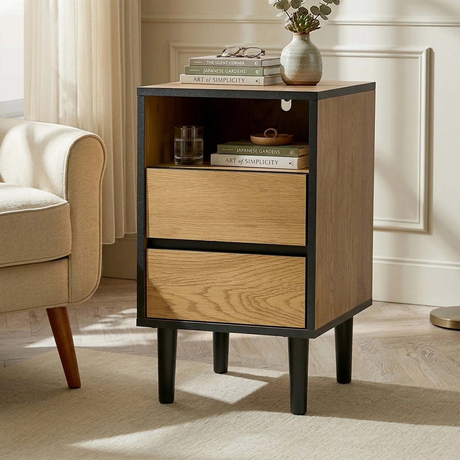 4 Oikiture Bedside Table 2 Drawers Shelf Side End Table Nightstand - Natural, 4 of 8