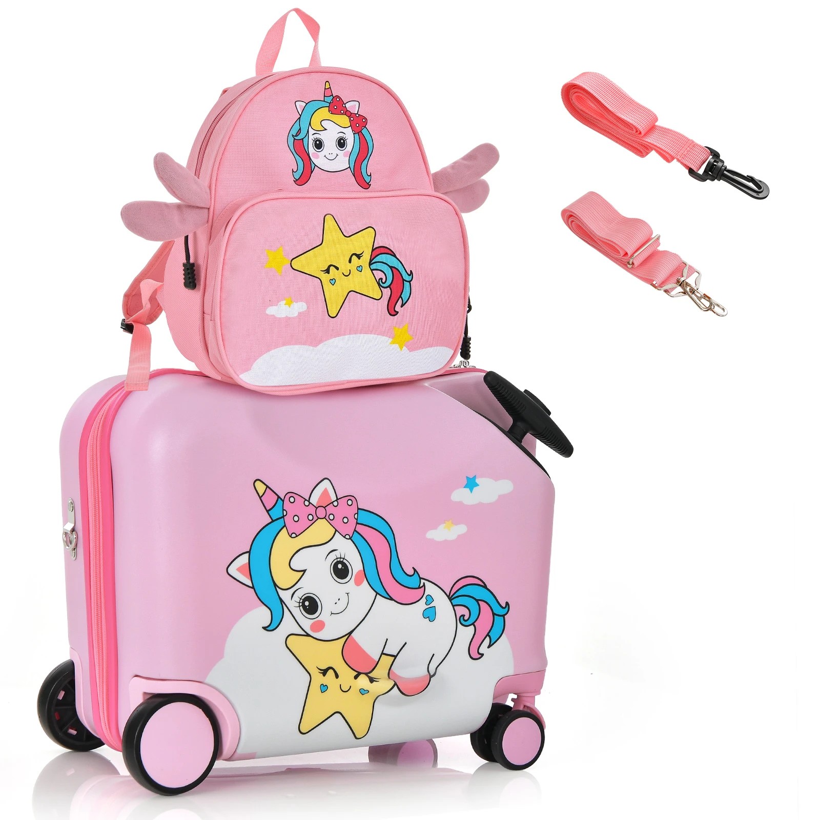 1 Costway 2PCS Ride-on Luggage Set 18" +12" Backpack Unicorn Suitcase - Pink, 1 of 1