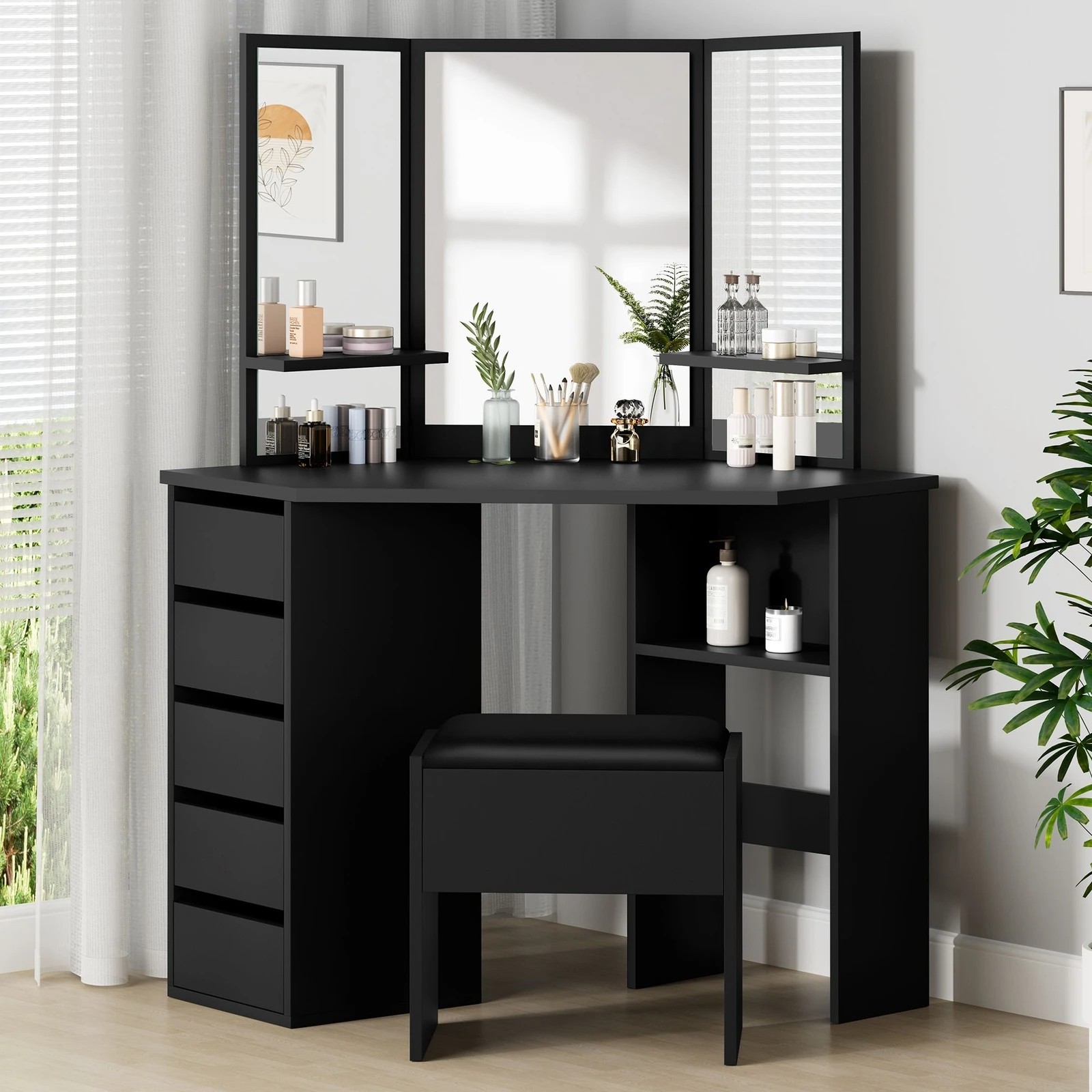 4 Alfordson Dressing Table Stool Set Makeup Tri-fold Mirror Vanity Desk - Black, 4 of 10