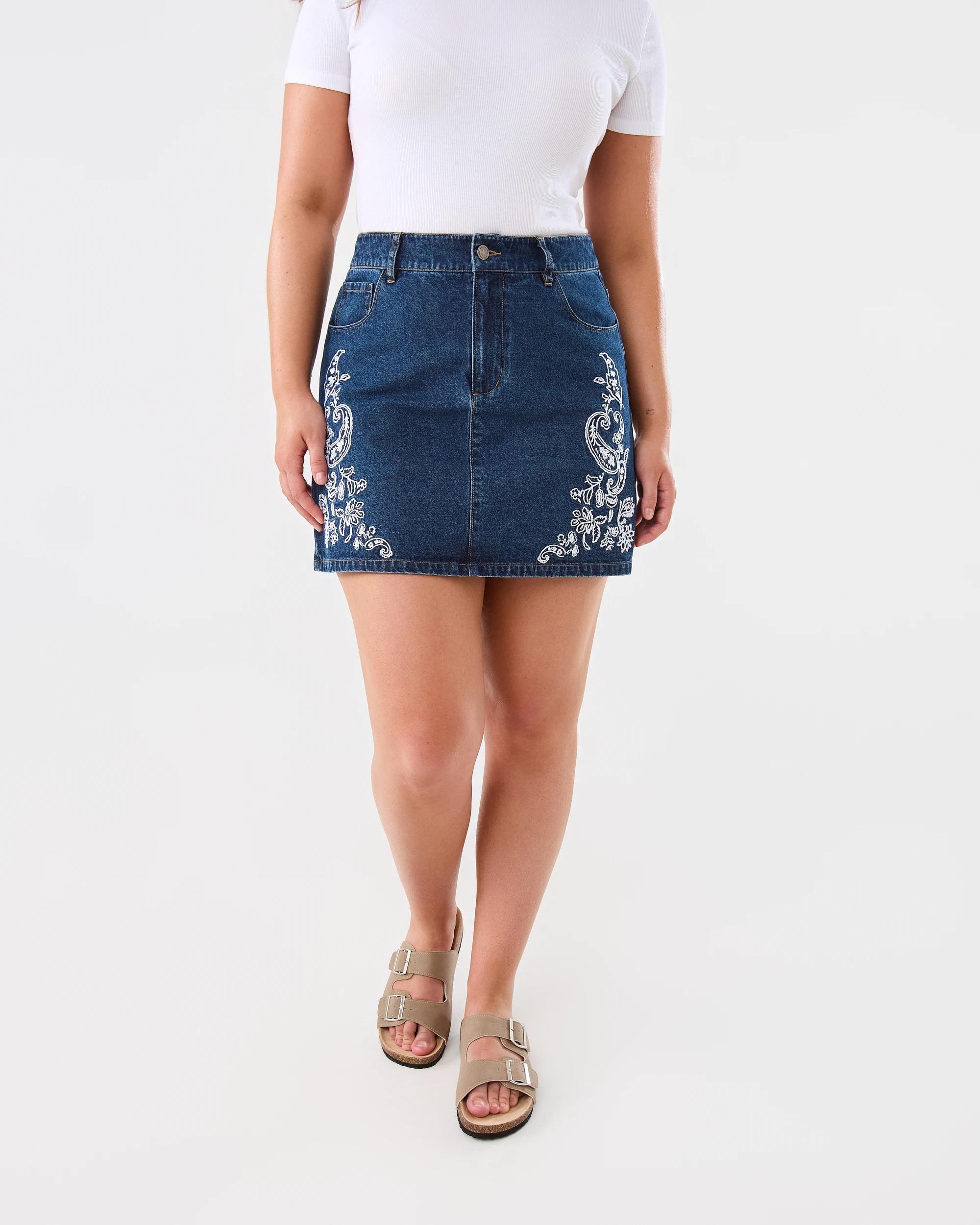 8 Embroidered Denim Mini Skirt Dark Wash, 8 of 10