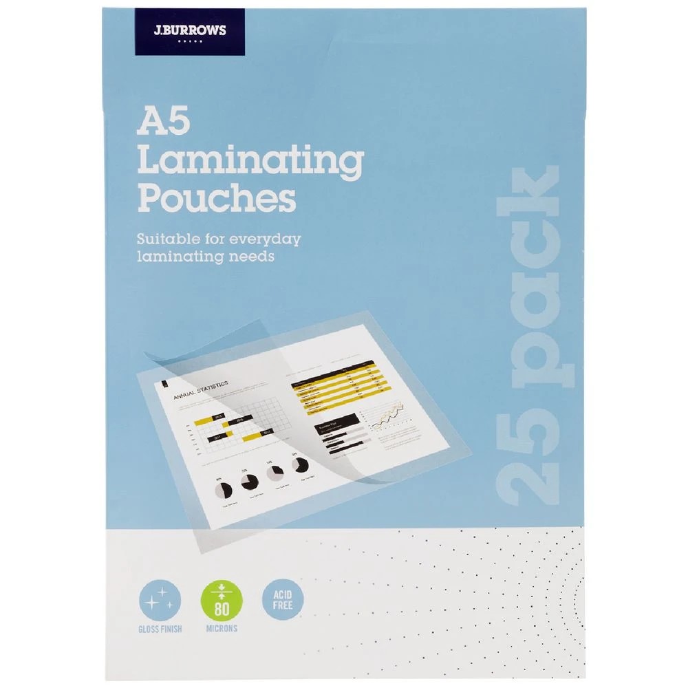 1 J.Burrows A5 Laminating Pouches 80 Micron 25 Pack Gloss, 1 of 3