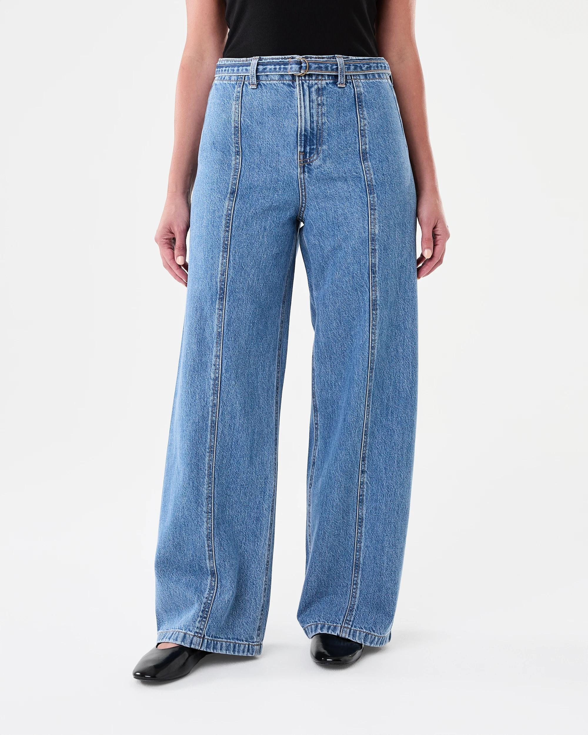 1 Seam Front Self Belt Jeans Mid Wash, 1 of 8