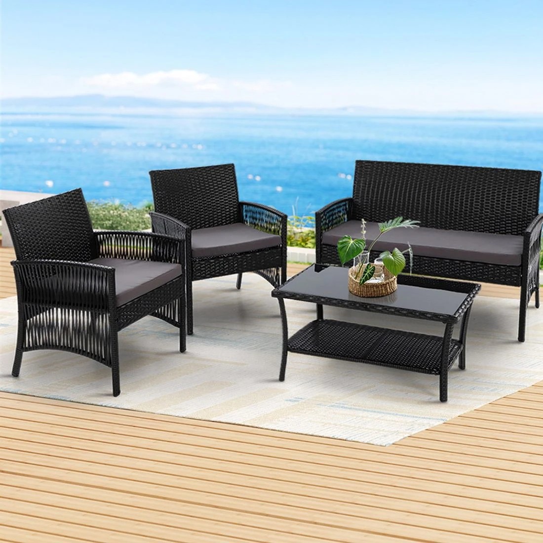 3 Gardeon 4 Piece Rattan Sofa Set Harp Chair Table UV Resistant Wicker Steel Metal Frame Cushioned Patio Lounge - black, 3 of 6