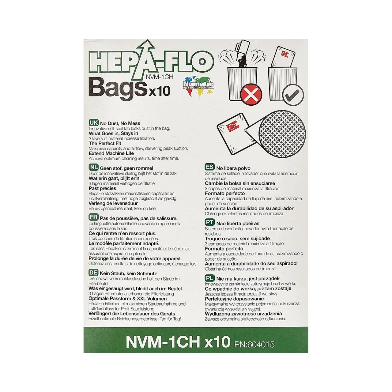3 Numatic 10x Hepa-Flo NVM-1CH Dust Bags For Henry, Hetty, James, Charles & George Vacuum Cleaners - White, 3 of 4