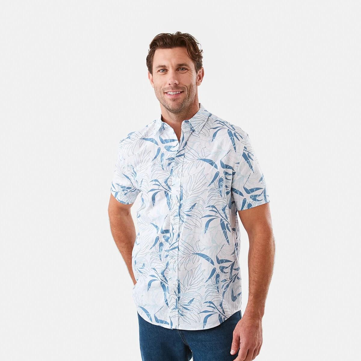 1 Short Sleeve Print Linen Blend Shirt Wht Floral, 1 of 6