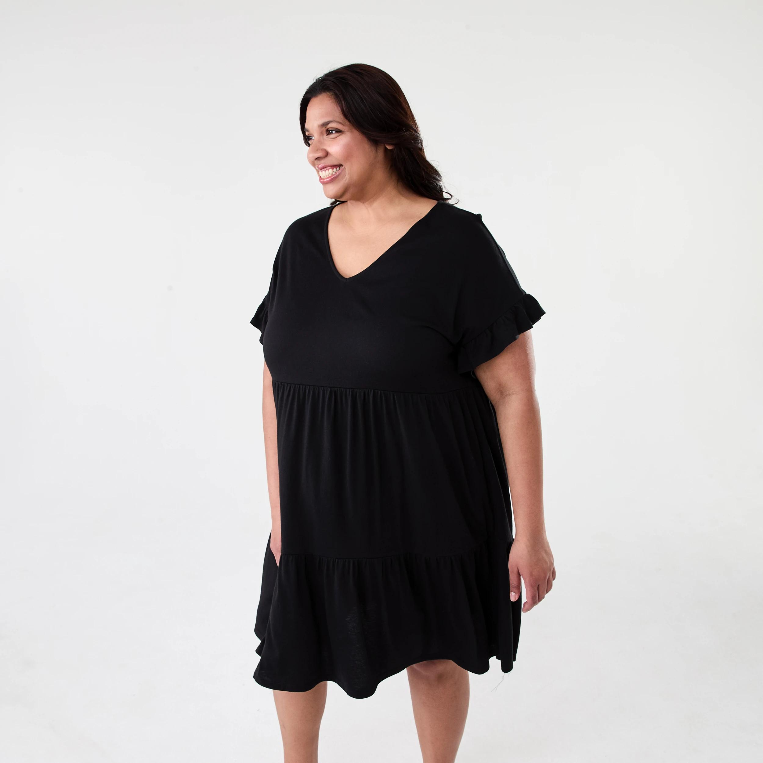 2 Curve Short Sleeve Frill Tier Knit Mini Dress Black, 2 of 9