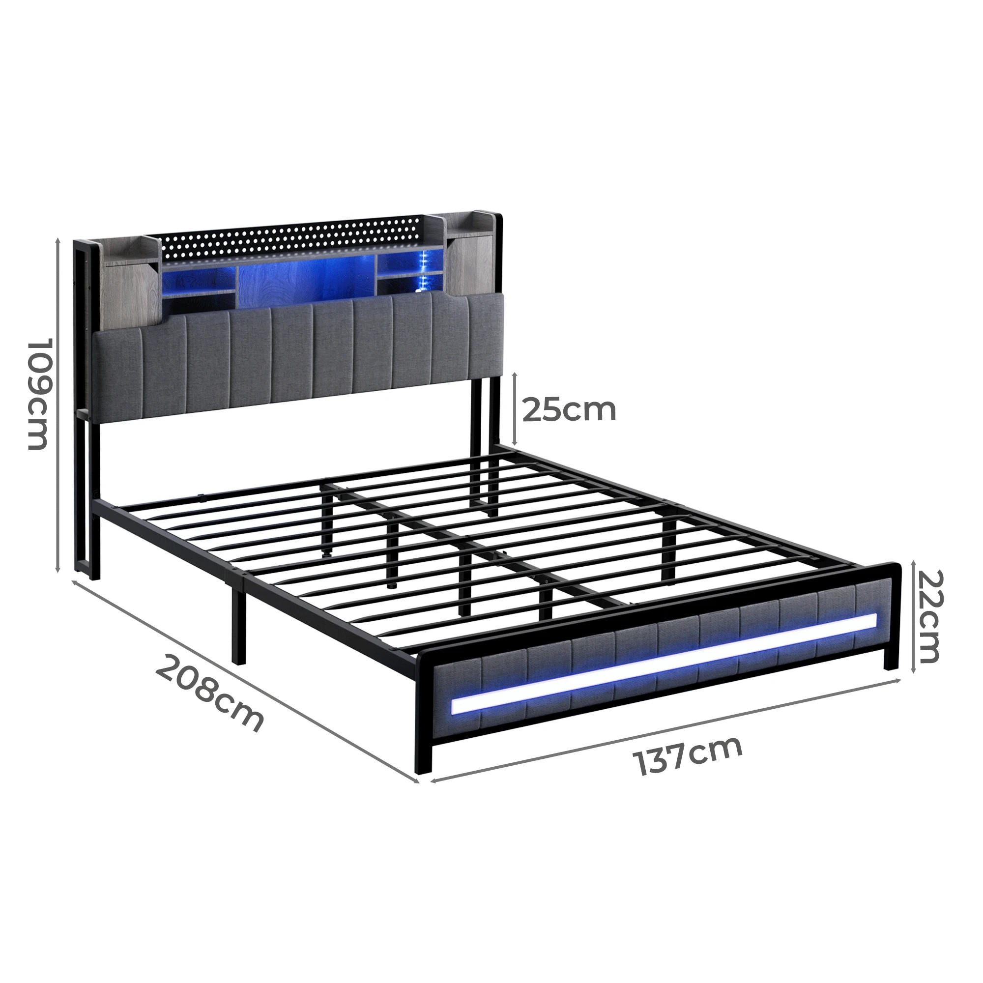 3 Levede Double Size Bed Frame Fabric with LED USB and Storage Bedhead, 3 of 9