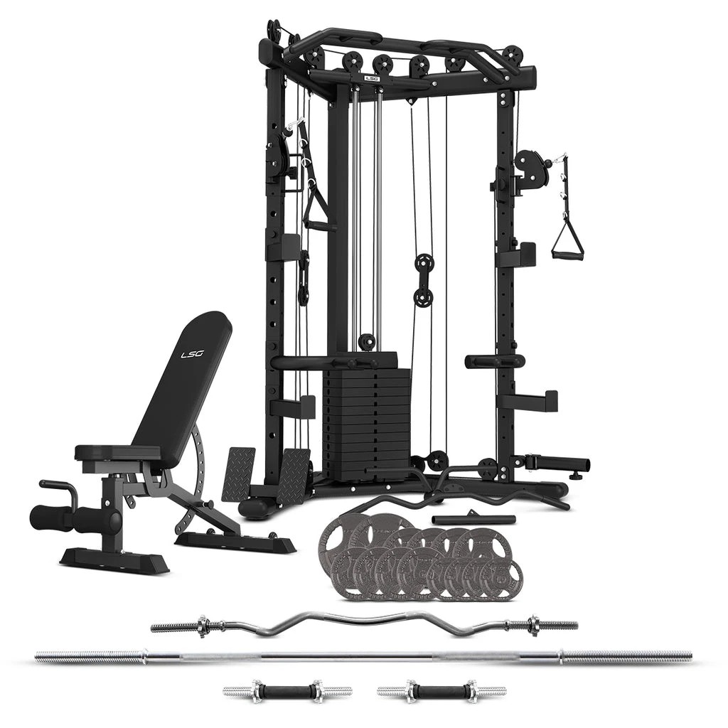 1 LSG GRK-110 Space Saving Multi-Function Rack with 74kg Cable Crossover, FID Bench, 90kg Standard Weight Package - Black, 1 of 10