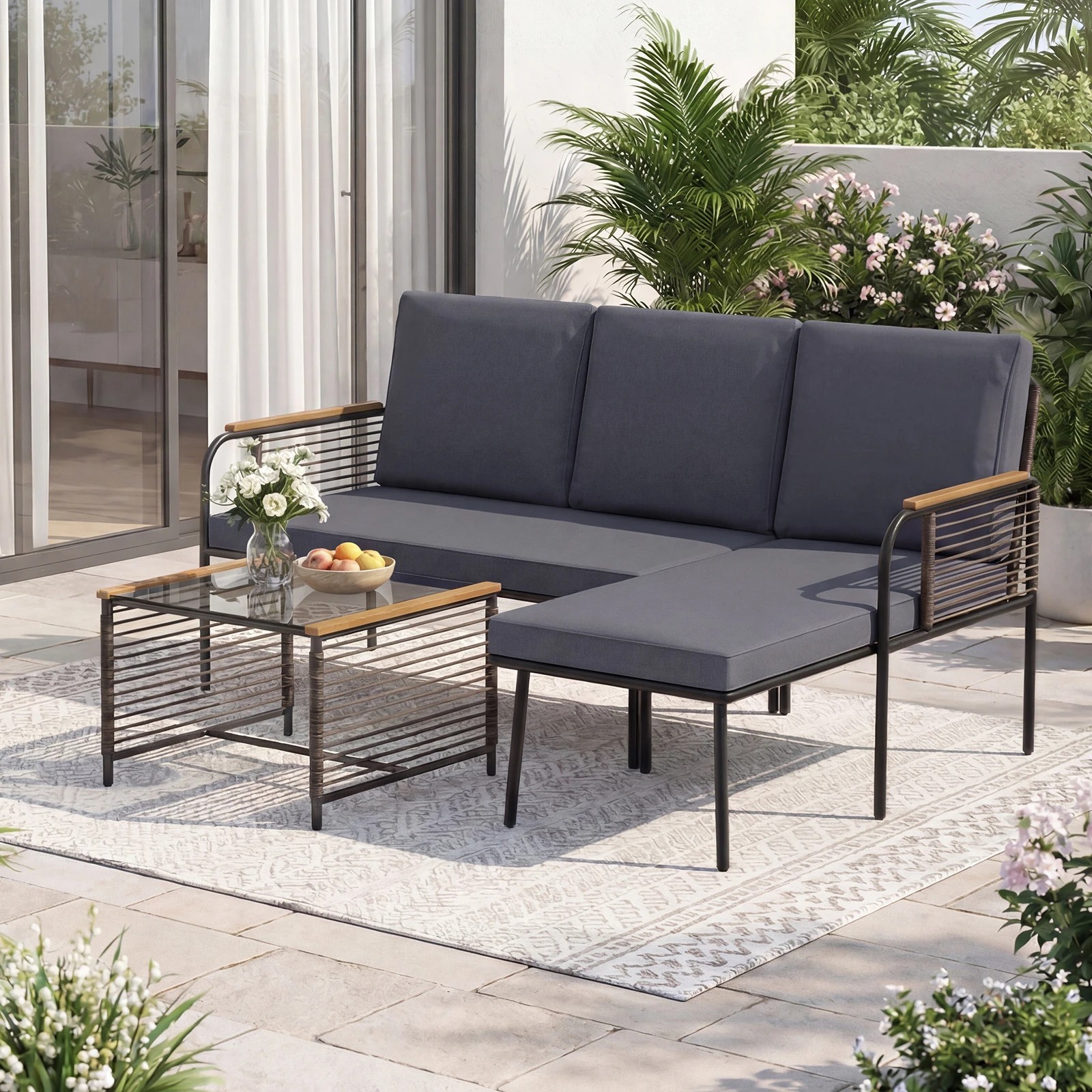 3 Costway 3 PCS Patio Corner Conversation Set L Shaped Wicker Sofa w/Cushions Glass Table, 3 of 3