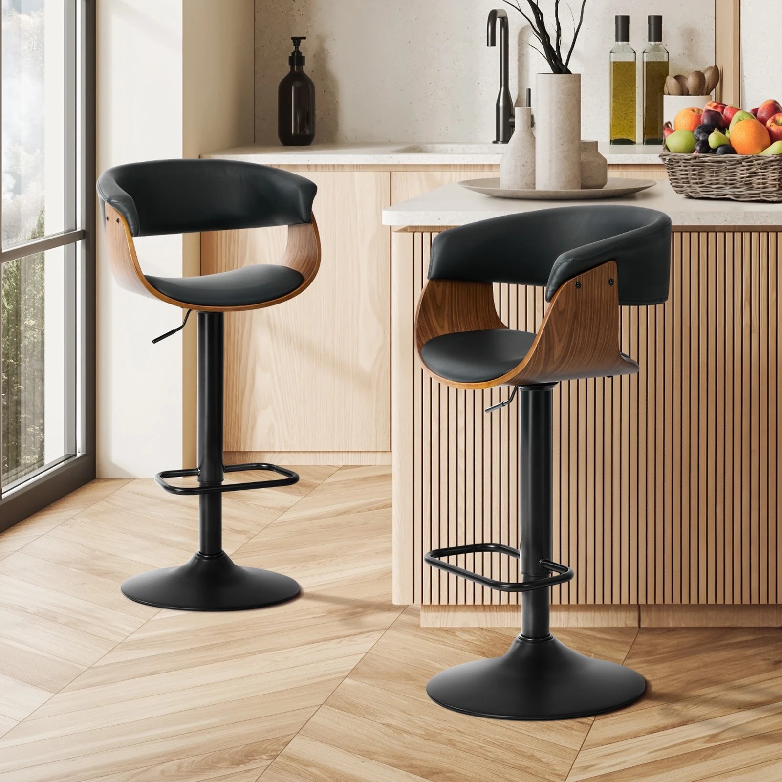 3 Oikiture 2x Bar Stools Swivel Gas Lift Counter Stool Armrest Leather - Black, 3 of 8