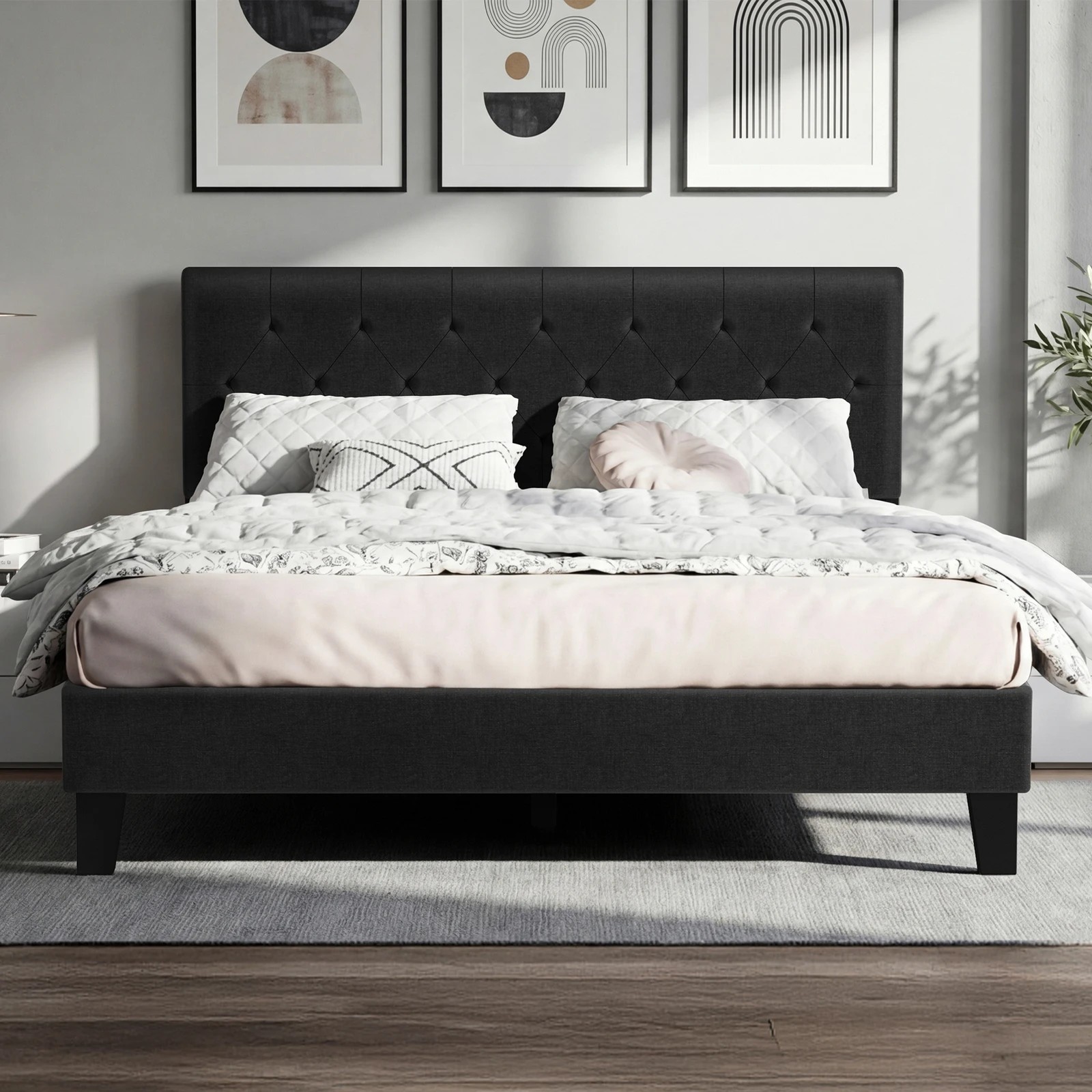 2 Alfordson Bed Frame Double Size Tufted Headboard Modern Fabric Meduna - Charcoal, 2 of 9