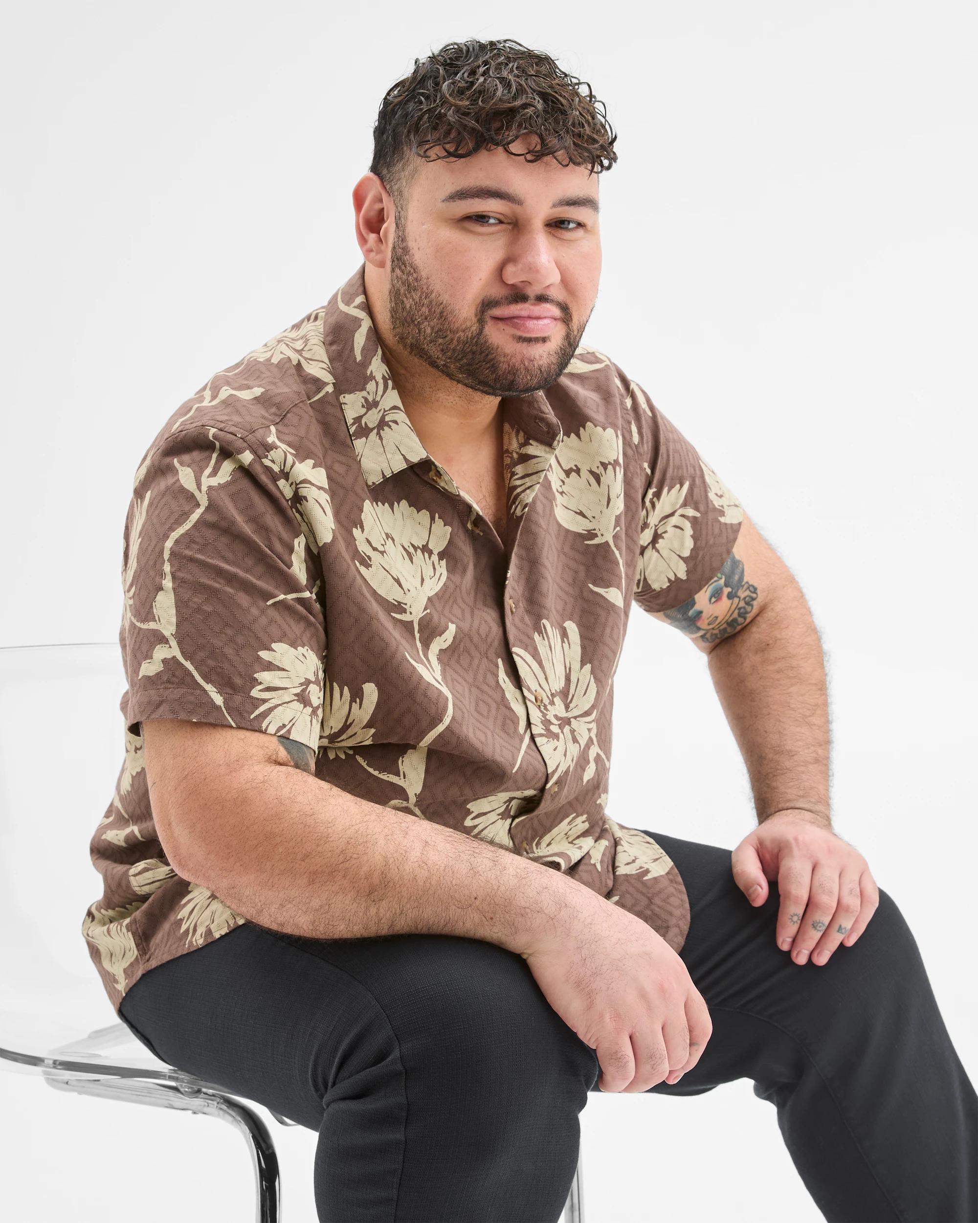 6 Target Man Plus Size Australian Cotton Floral Print Shirt BROWN, 6 of 7
