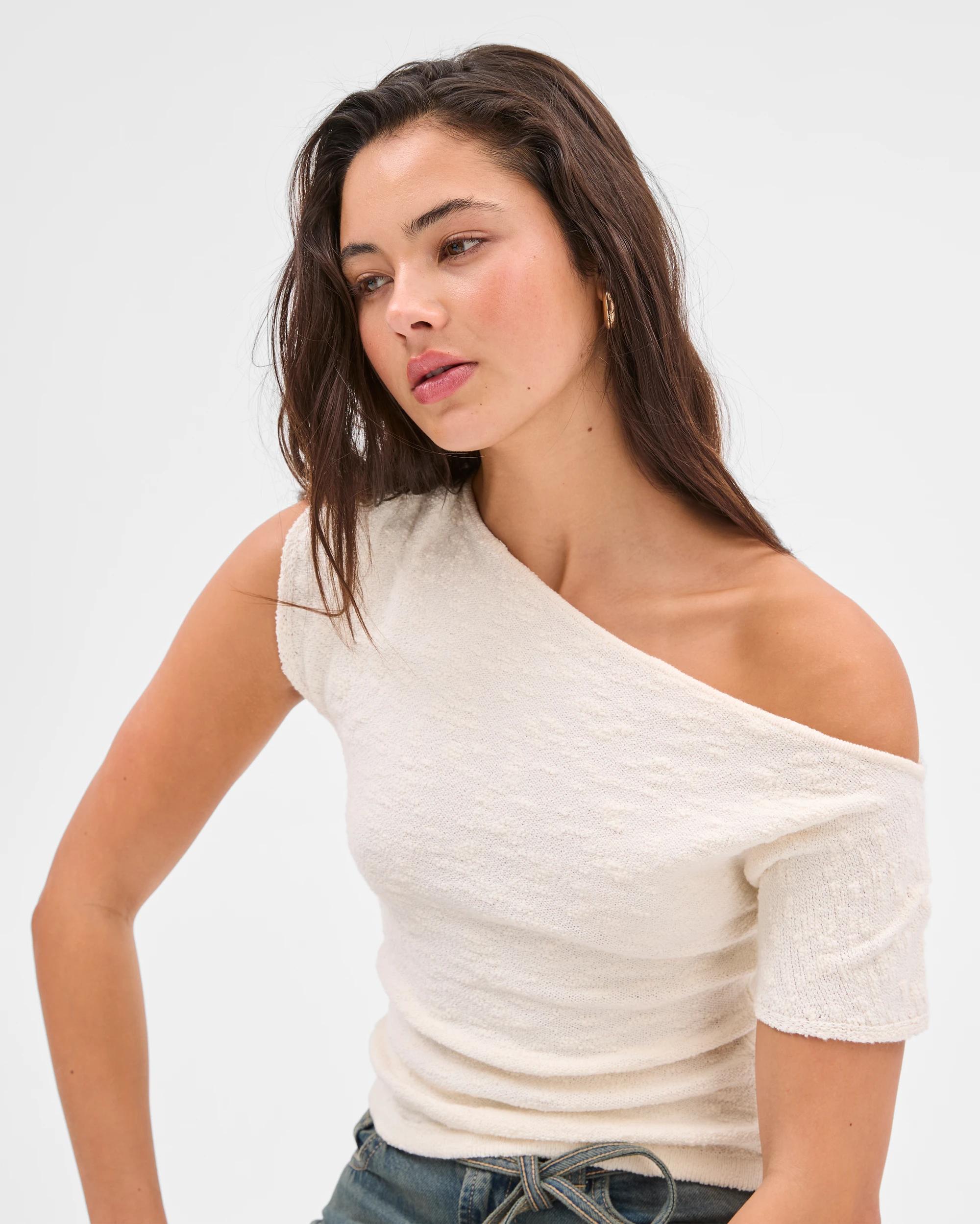 5 Australian Cotton Blend One Shoulder Textured T-shirt - Lily Loves JET STREAM, 5 of 6