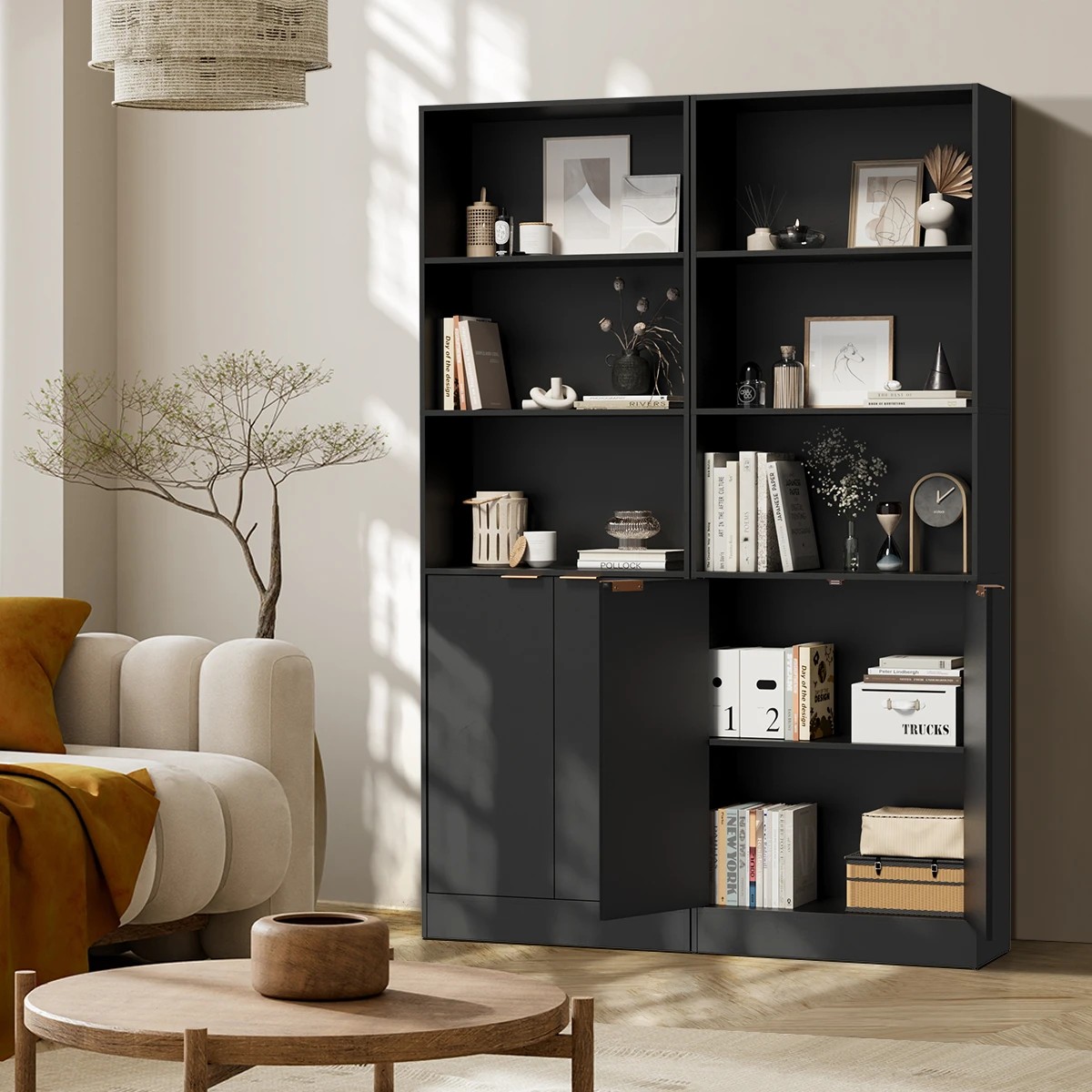 4 Oikiture Tall Bookcase Display Shelf 2 Door Adjustable Storage Cabinet - Black, 4 of 8