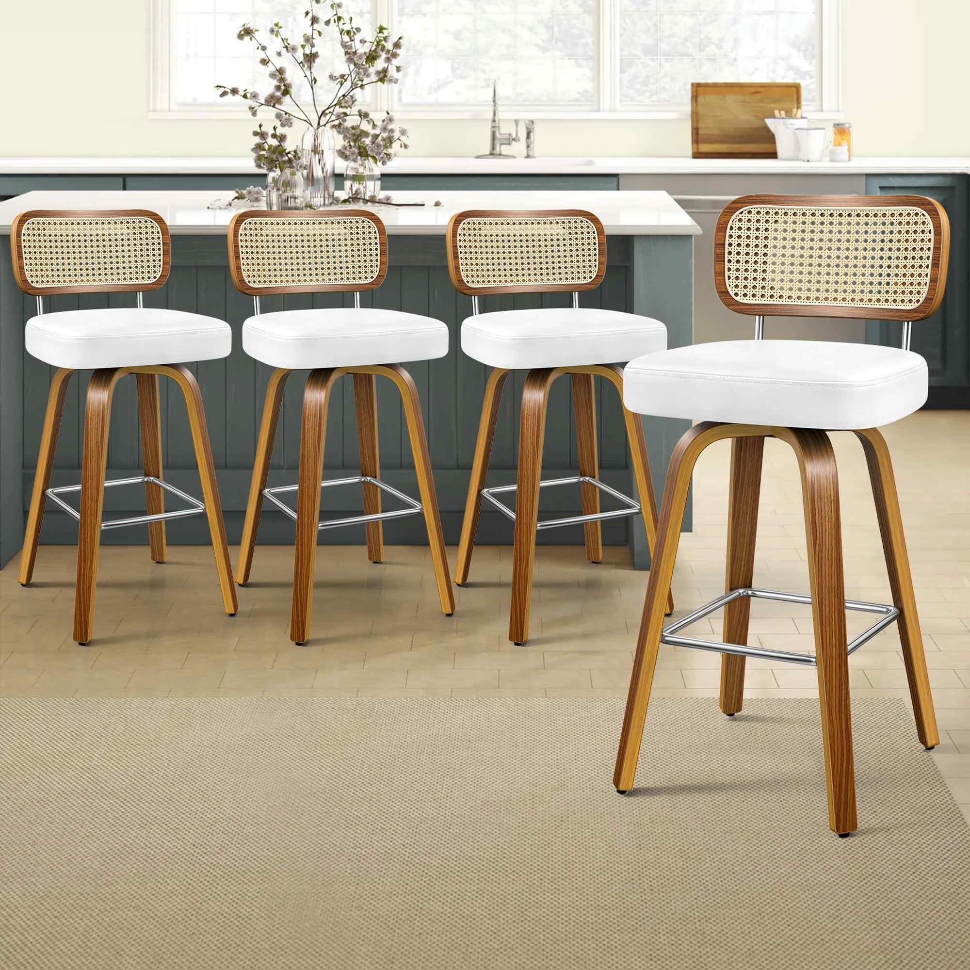 2 Alfordson 4x Bar Stools Kitchen Vintage Leather Seat Rattan Chair - White, 2 of 10