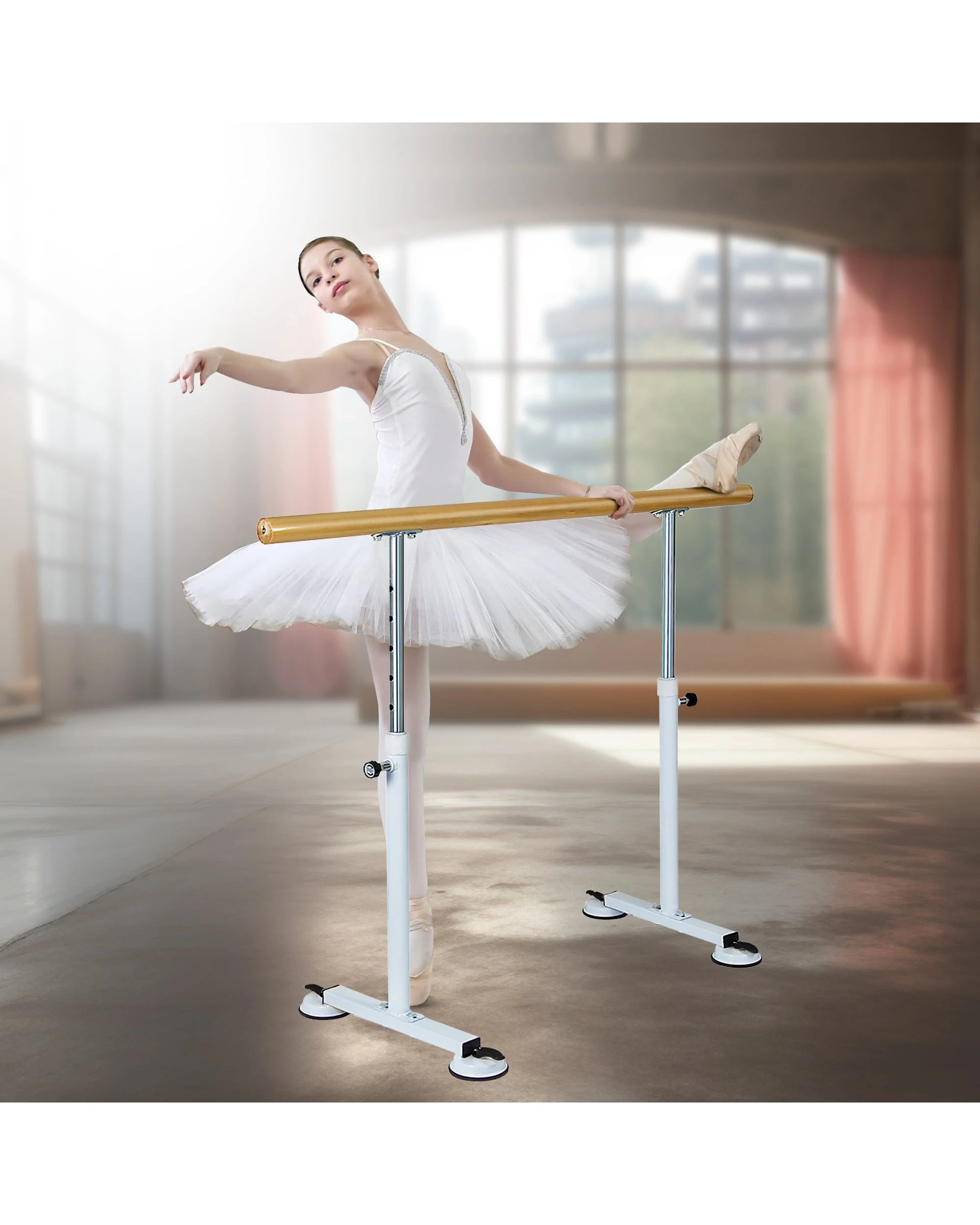 2 Powertrain 150cm Ballet Barre Freestanding Adjustable Height - Natural, 2 of 5