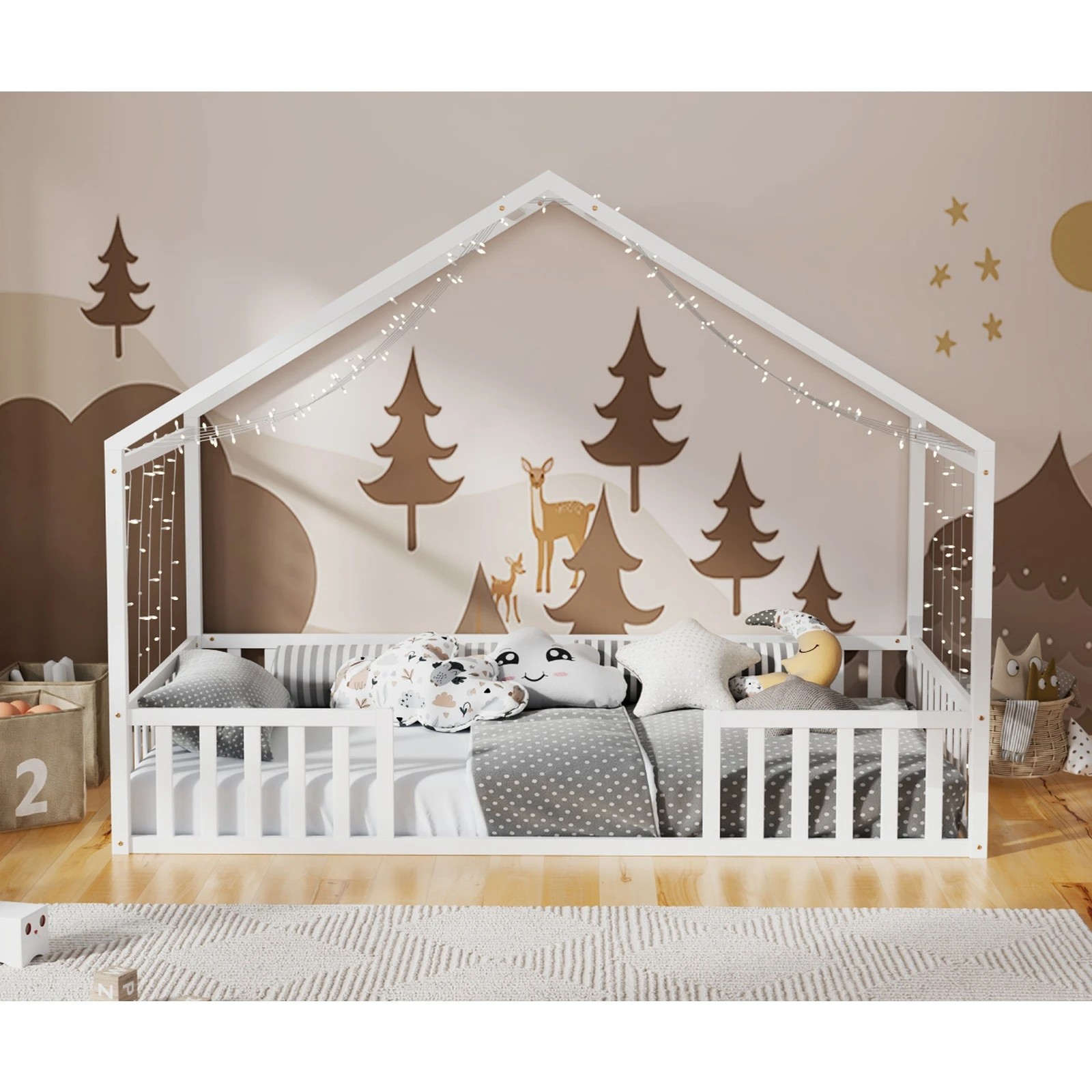 4 Oikiture King Single House Bed Kids Wooden Bed Frame - White, 4 of 10