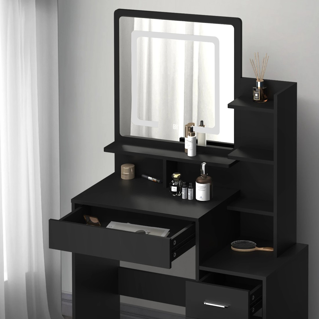 5 Oikiture Dressing Table Stool Set Makeup Mirror Led Light Storage Cabinet
 - Black, 5 of 9