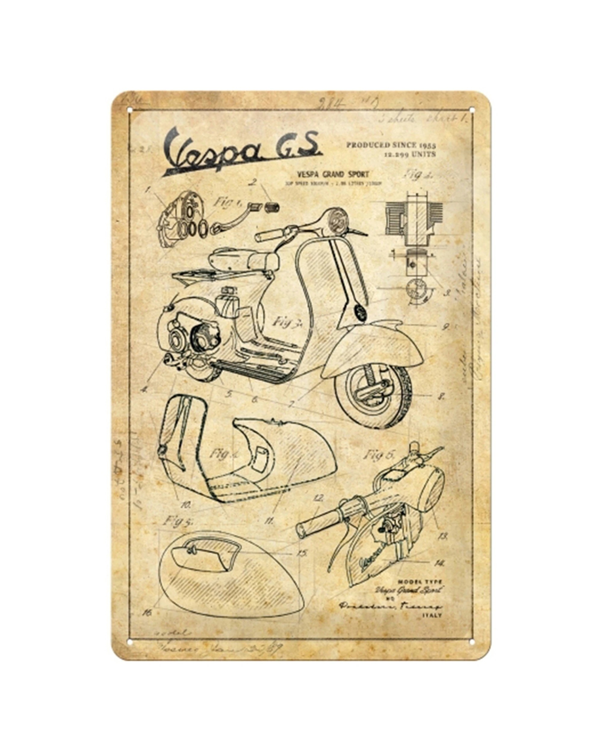 1 Nostalgic-Art Medium 20x30cm Metal Wall Art Sign Plaque - Vespa Parts Sketches - Multi, 1 of 1
