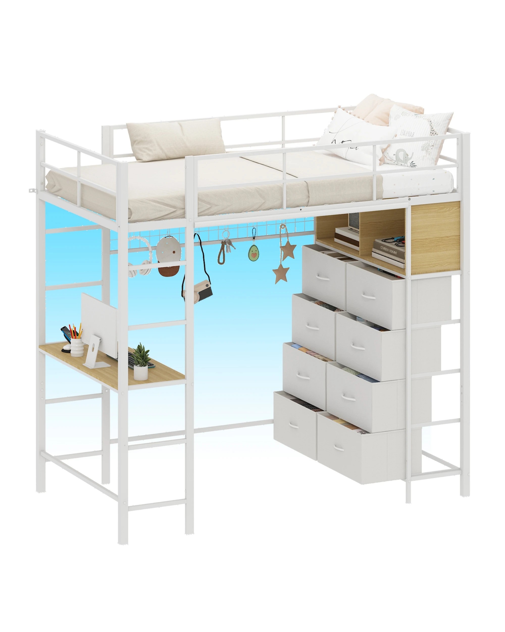 6 Advwin Single Loft Bed Frame with LED & Desk & Charging Station & Storage - White, 6 of 8