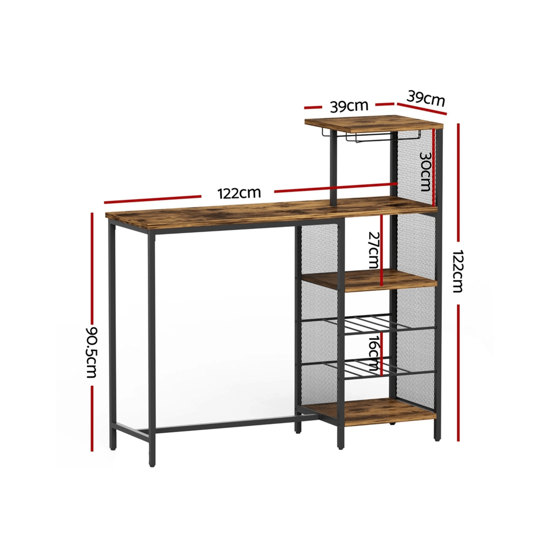 2 Artiss Industrial Bar Table Wine Rack Cup Holders Durable Storage Steel Metal Frame 122cm Compact Hub - brown, 2 of 8