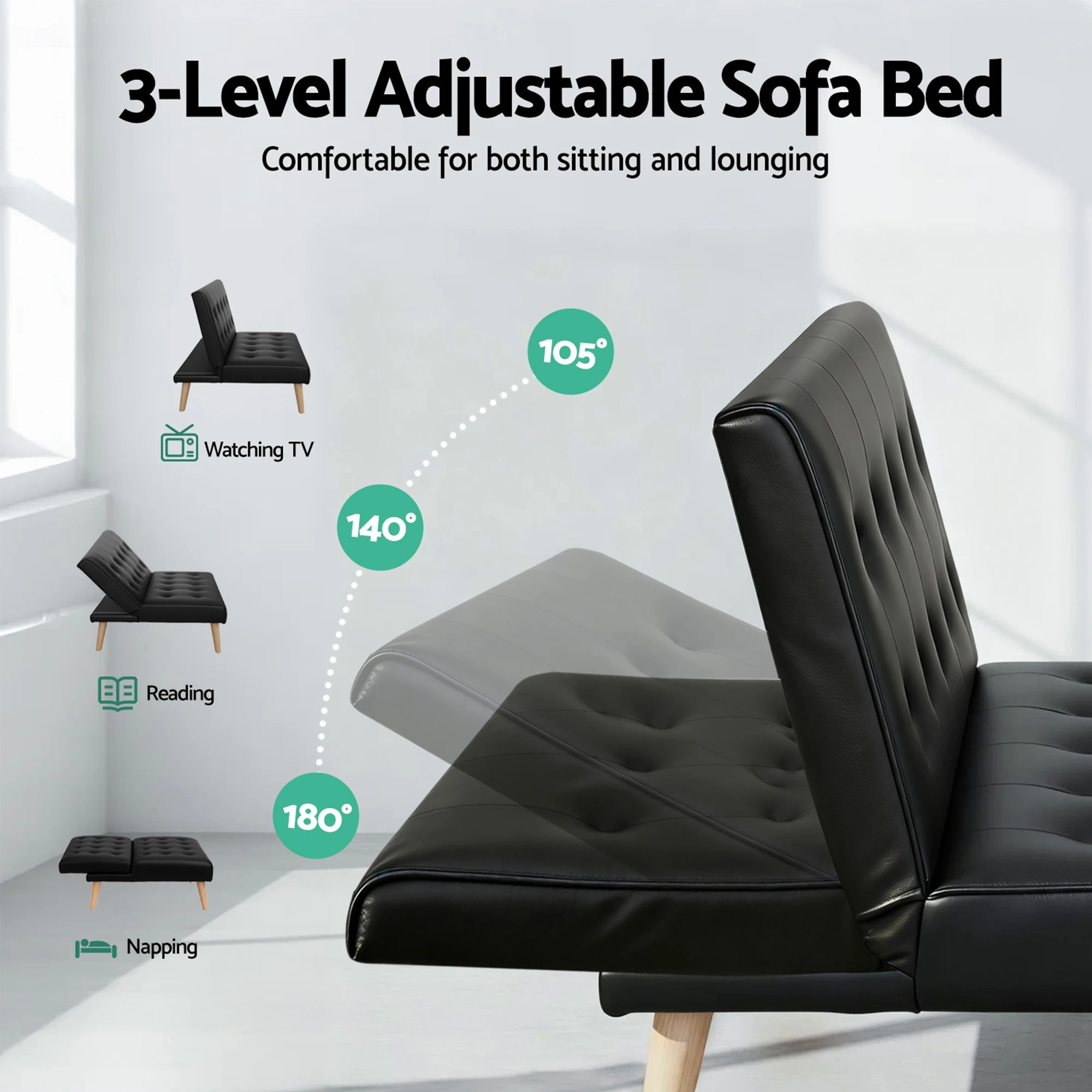 3 Artiss Sofa Bed Couch 2 Seater Lounge Fabric - Black, 3 of 7