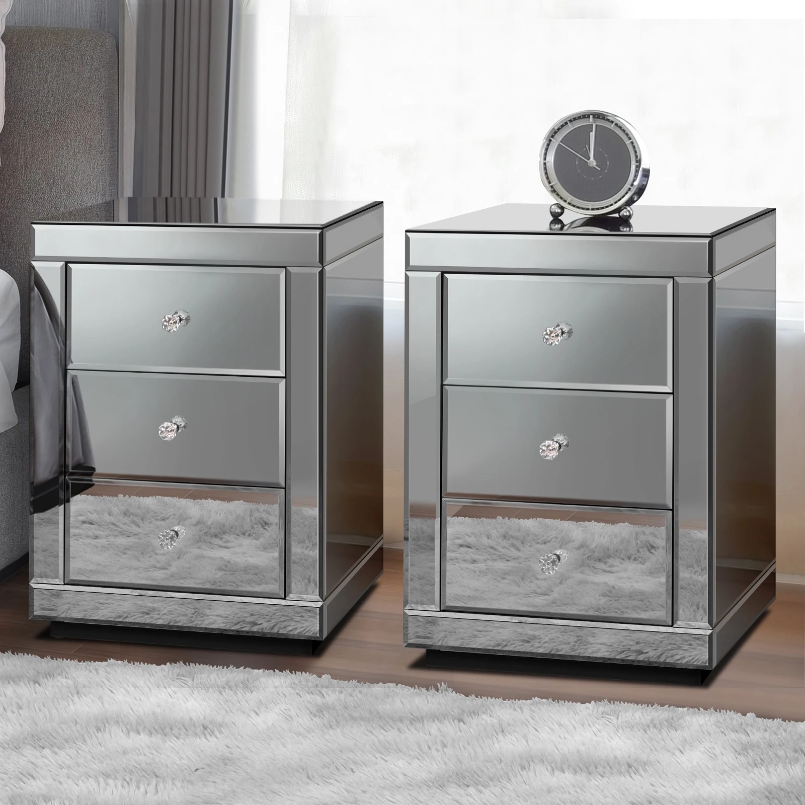 2 Alfordson 2x Mirrored Bedside Table Cabinet Nightstand Drawers - Grey, 2 of 10