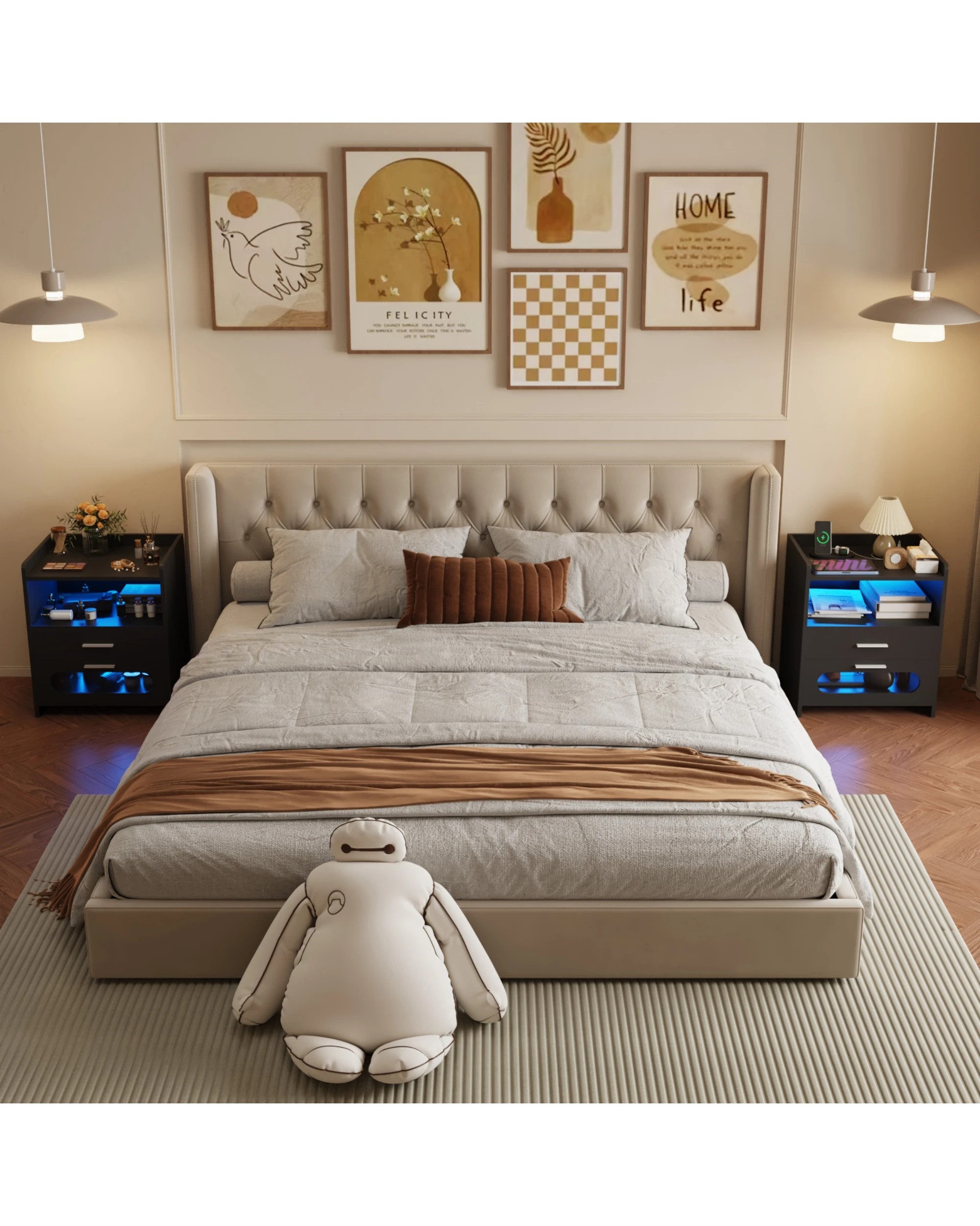 5 Advwin Bedside Table Set of 2 Wireless Charging Station Led Lights 2 Drawers Storage - Black, 5 of 9