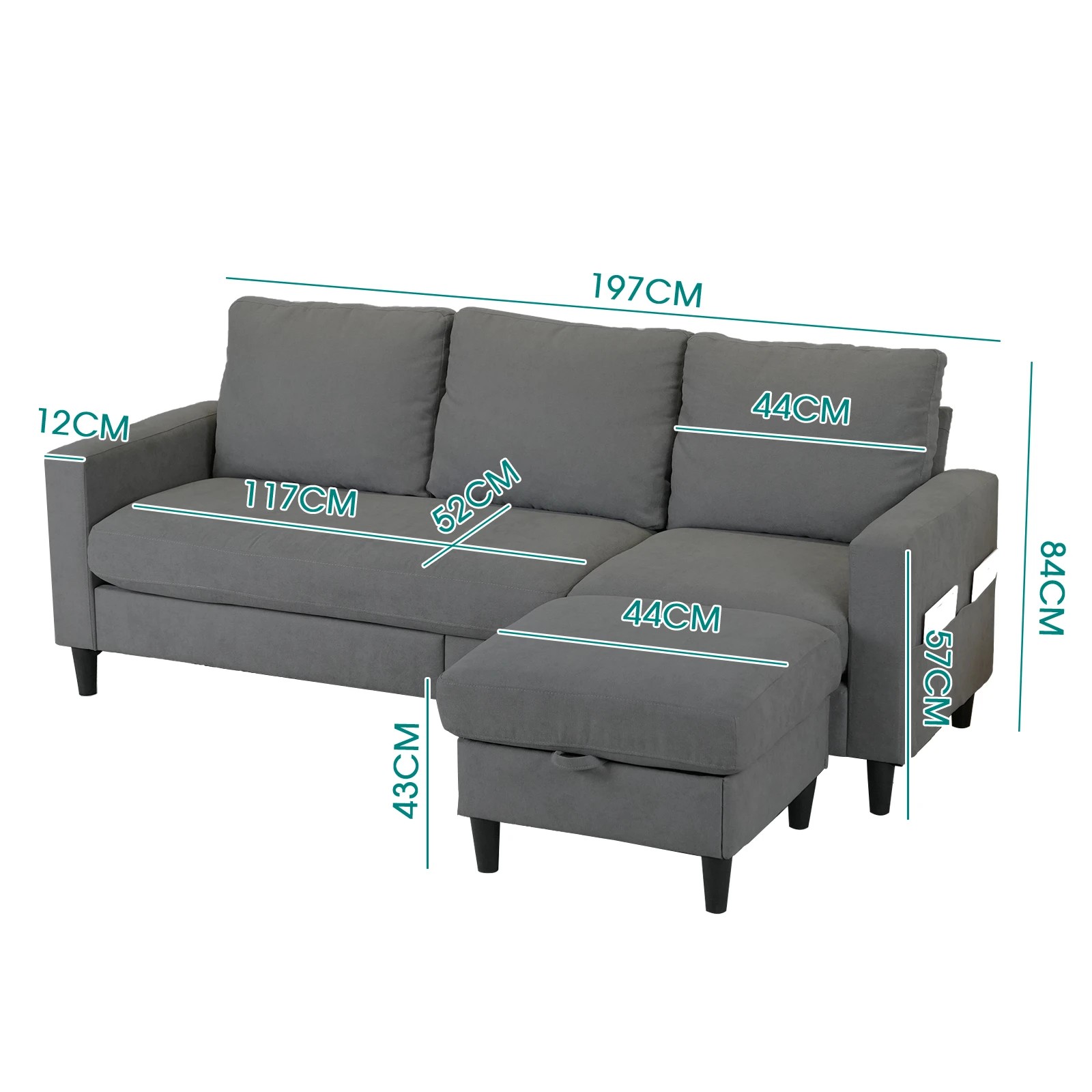 4 Advwin 3 Seater Modular Sofa Lounge Chaise Set Couch W/ Storage Ottoman Grey, 4 of 4