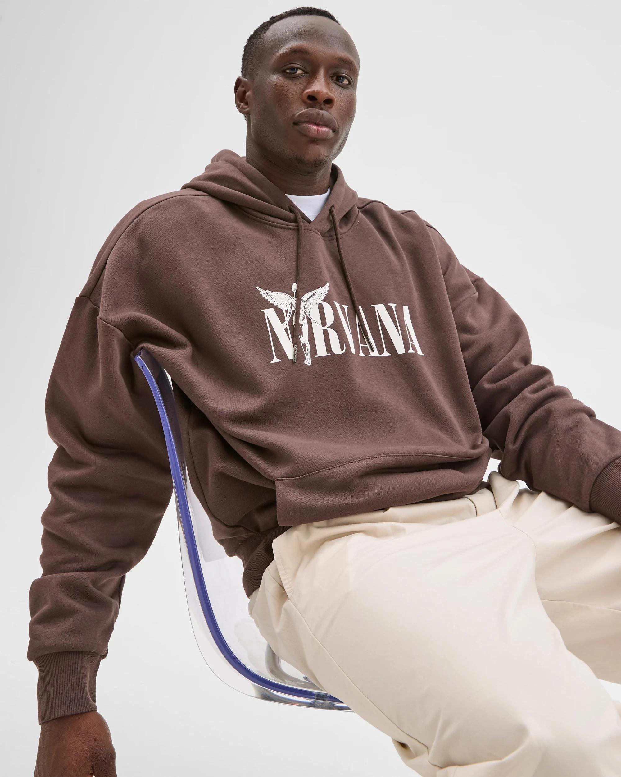 1 Nirvana Logo Australian Cotton Blend Graphic Hoodie CHOCOLATE, 1 of 6