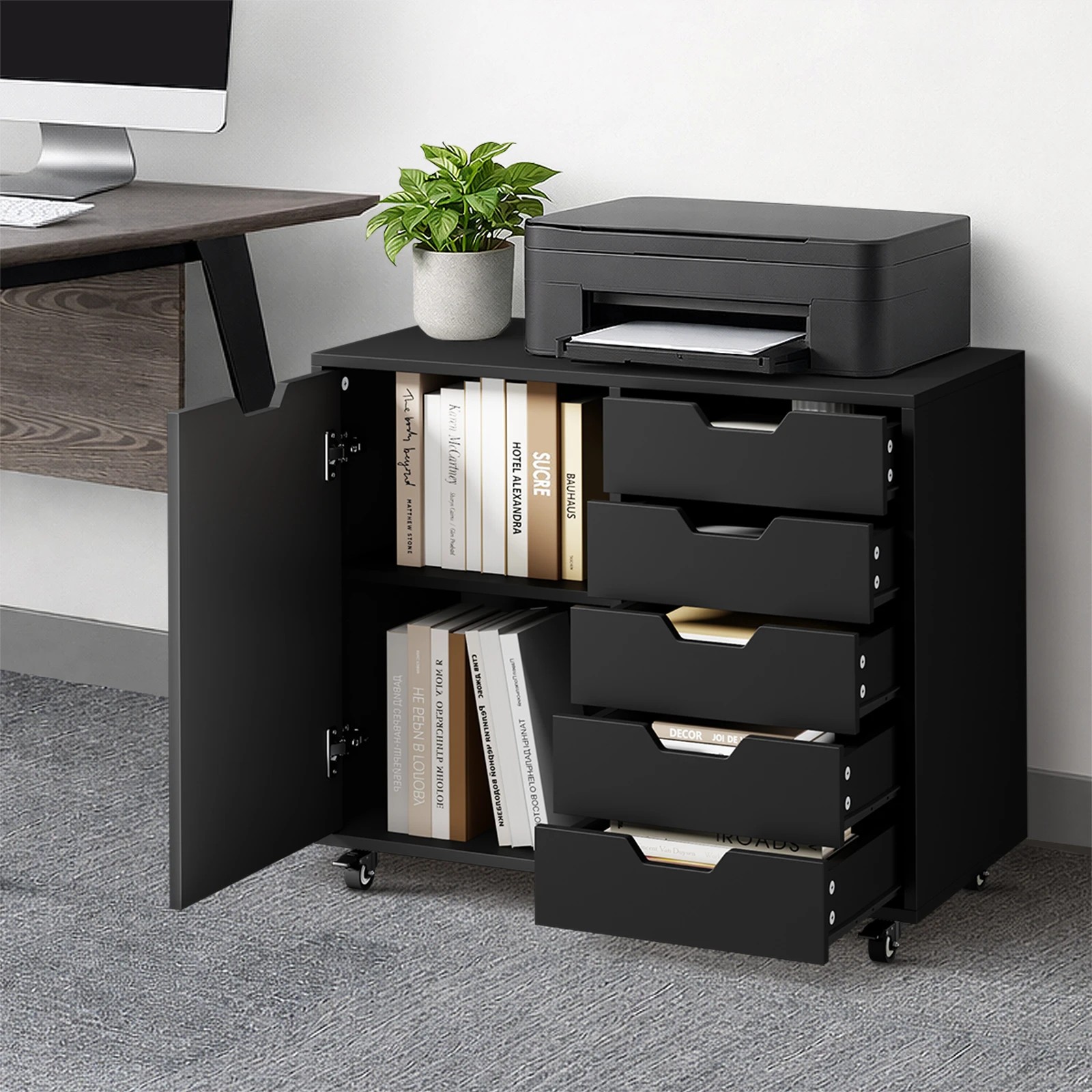 3 Oikiture Filing Cabinet 1 Door 5 Drawer Mobile Office Storage Cabinet - Black, 3 of 8