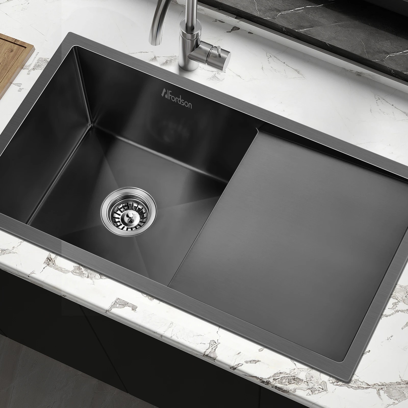 2 Alfordson Kitchen Sink 87x45cm Stainless Steel Basin Single Bowl - Black, 2 of 9