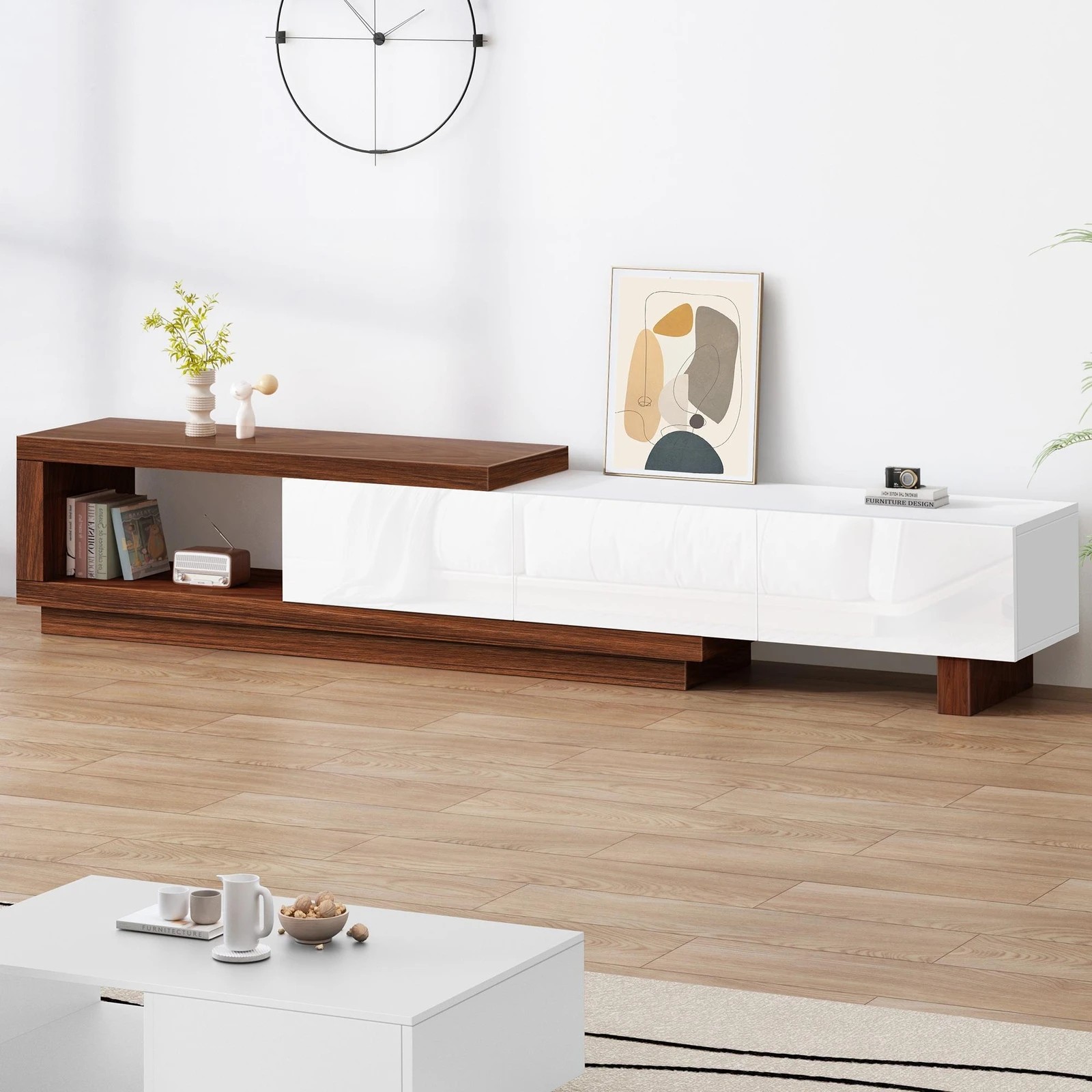 9 Alfordson 190-280cm Extendable Entertainment Unit TV Stand Cabinet Drawer - Walnut White, 9 of 9
