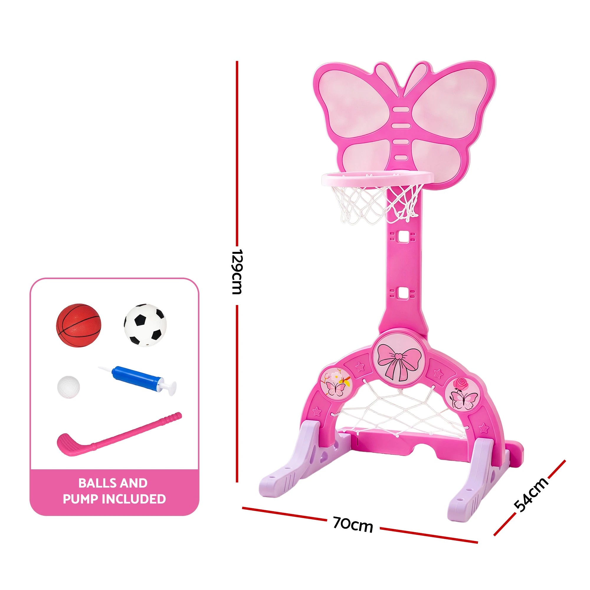 3 Keezi 3-in-1 Kids Basketball Hoop Soccer Goal Golf Game Set with Balls Children Sports Center Butterfly - Pink, 3 of 8