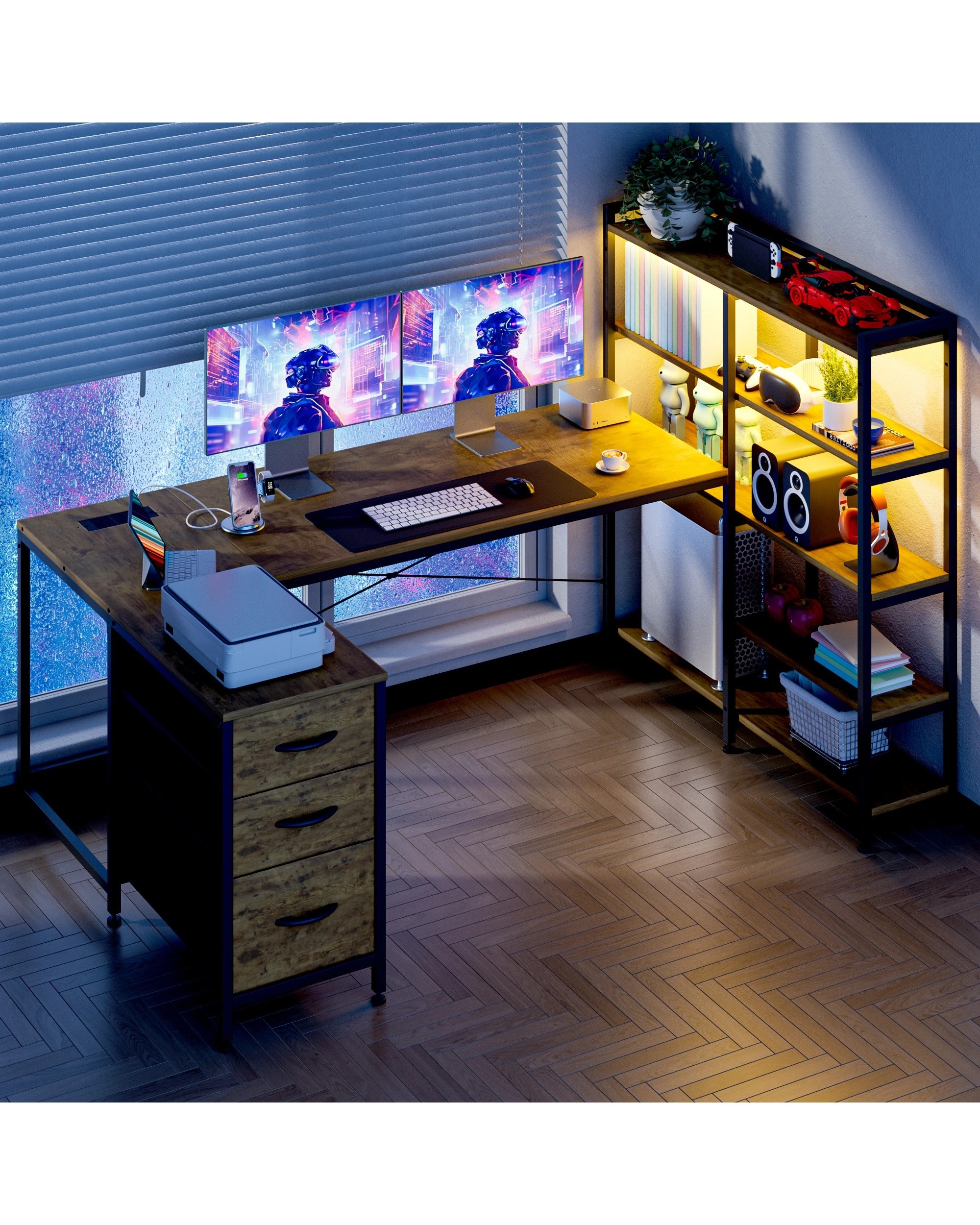 10 Advwin U Shaped Gaming Desk With Led Lights & Power Outlets Reversible 164cm Computer Desk With Bookshelf Walnut, 10 of 10