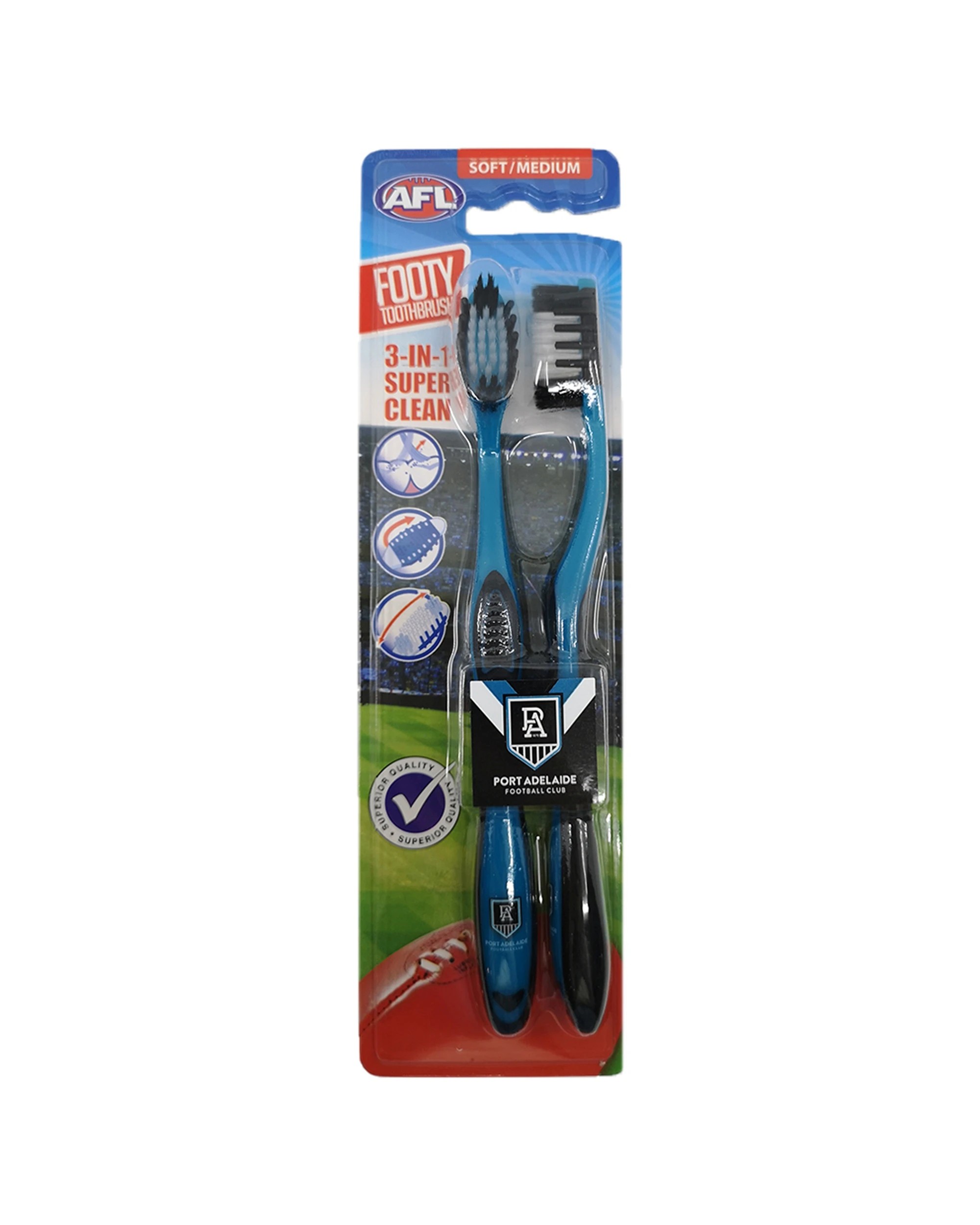 2 AFL 3x 2pc Soft/Medium Toothbrush Oral Care Port Adelaide Power Kids/Adults - Blue, 2 of 2