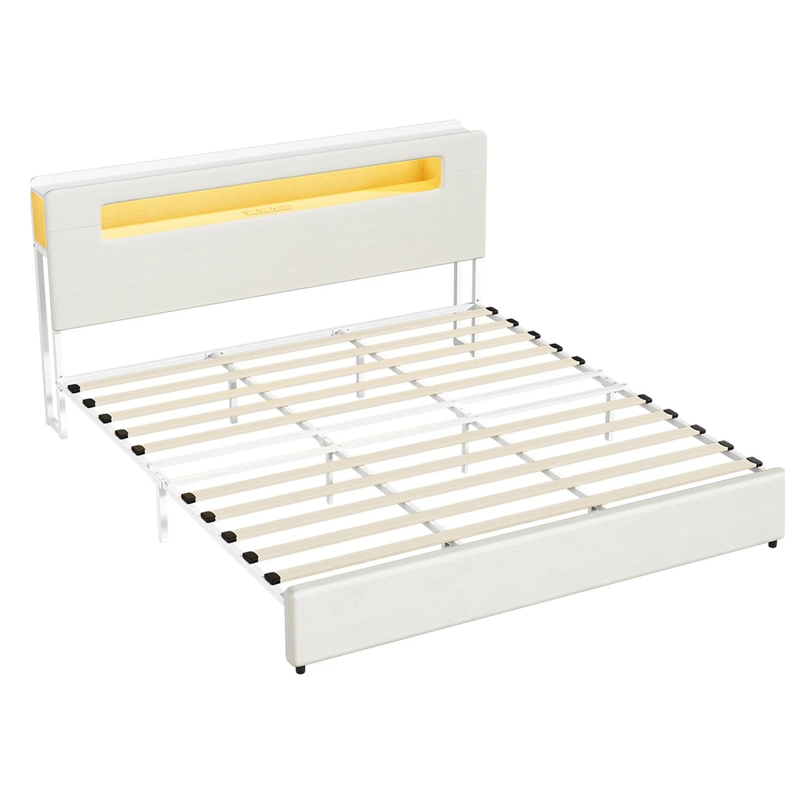 1 Oikiture Bed Frame King Size with LED Lights USB Charging Storage Headboad - White, 1 of 6