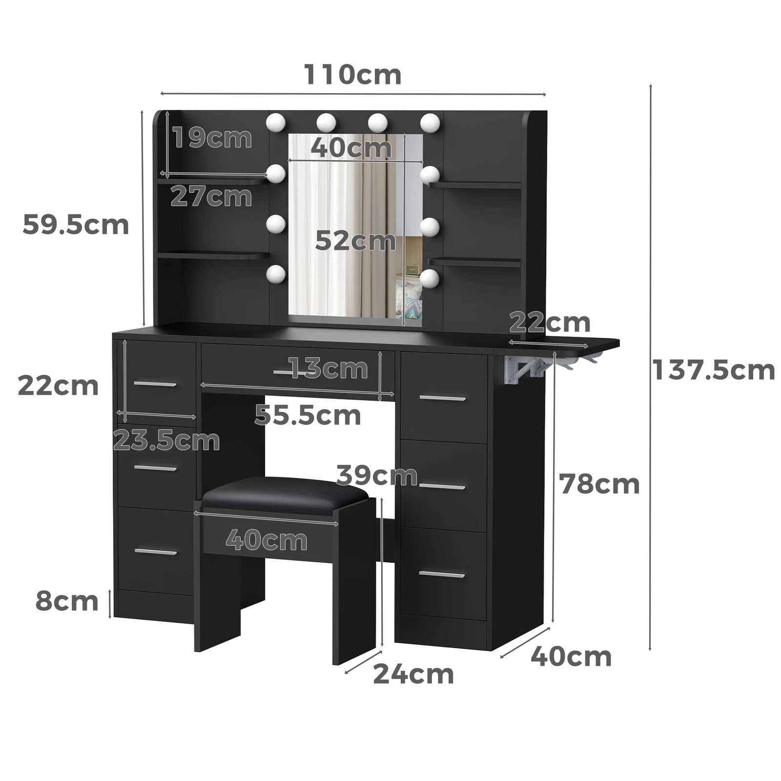 9 Alfordson Dressing Table Stool Set Makeup Mirror Vanity Desk LED Bulbs - Black, 9 of 10