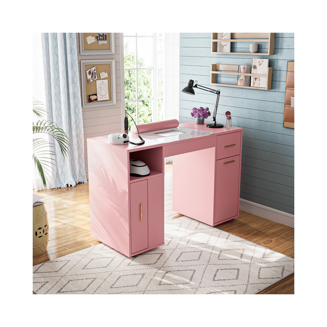3 Advwin Manicure Table Vanity Desk With Dust Collector Glass Top Storage Cabinet
 - Pink, 3 of 9