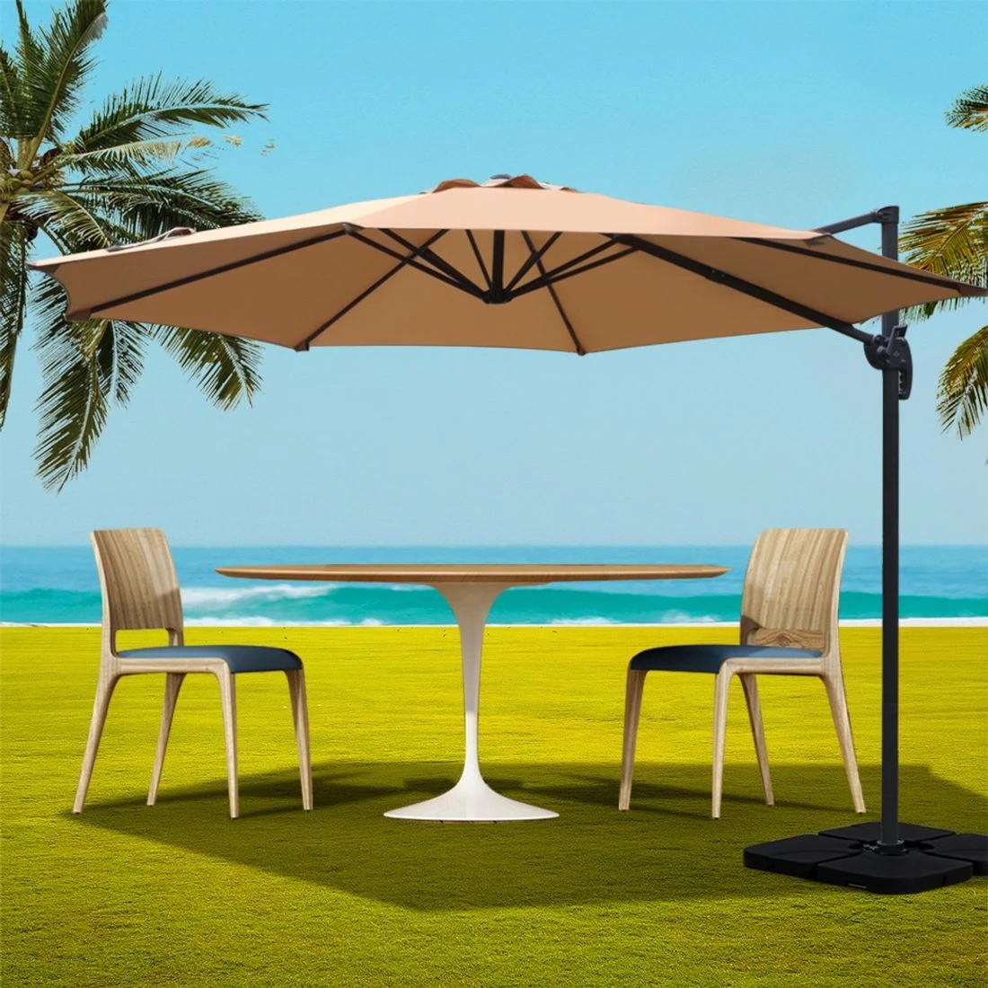 3 Instahut 3m Outdoor Umbrella w/Base Cantilever Beach Roma 360 Degree Tilt - White, 3 of 5