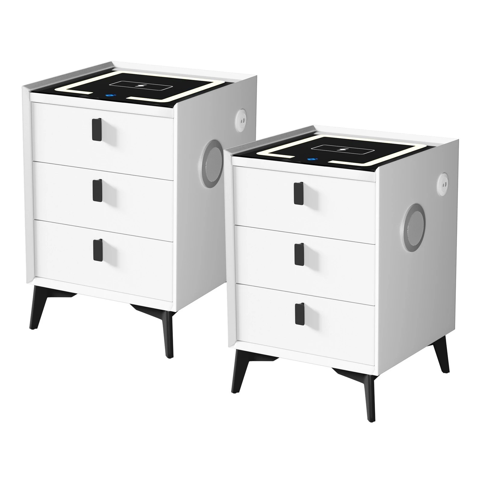 1 Oikiture Set of 2 Smart Bedside Tables Wireless Charging LED 3 Drawer Nightstand - White, 1 of 7